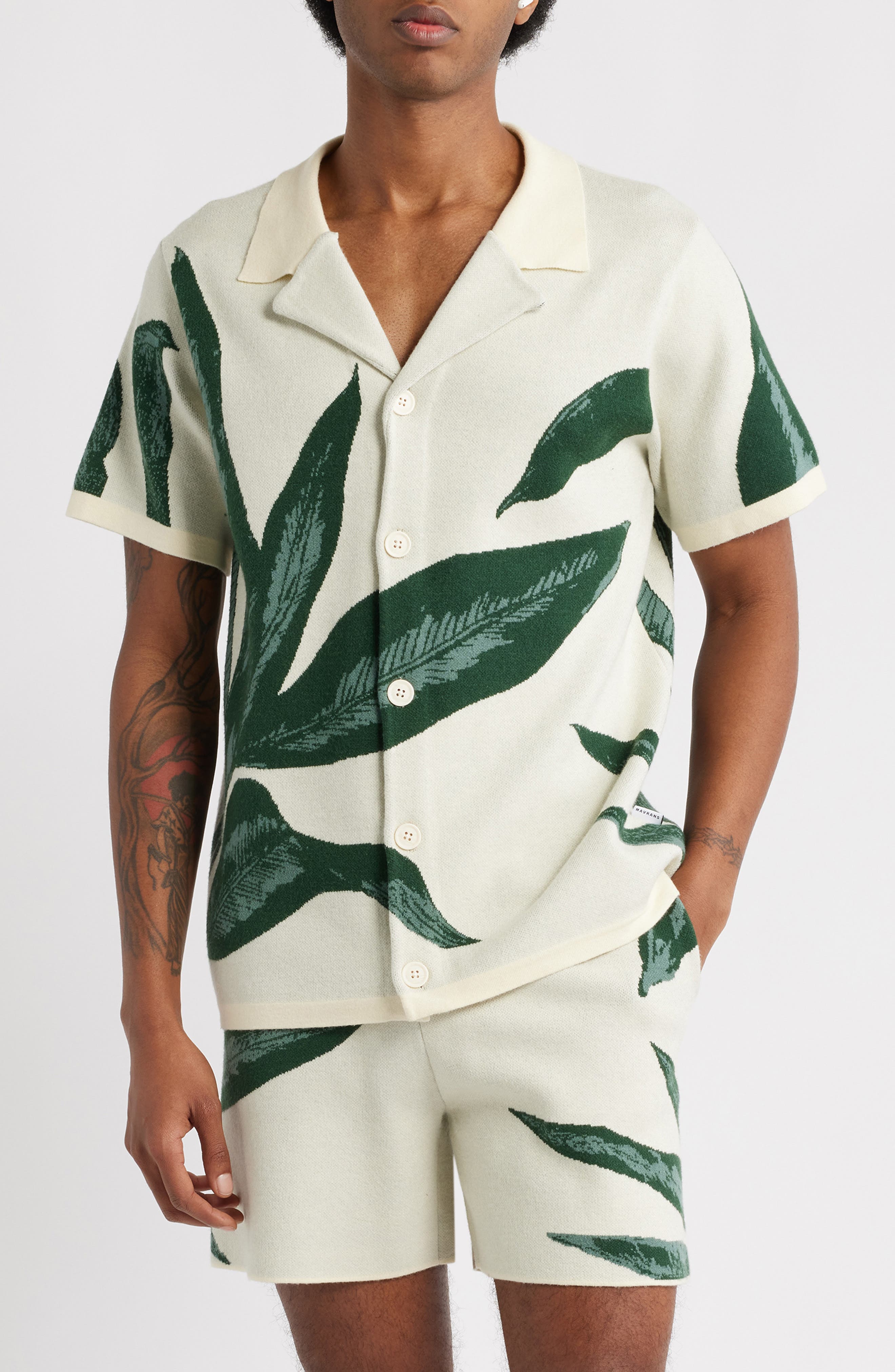 Jungle Jacquard Short Sleeve Knit Button-Up Shirt - image 1