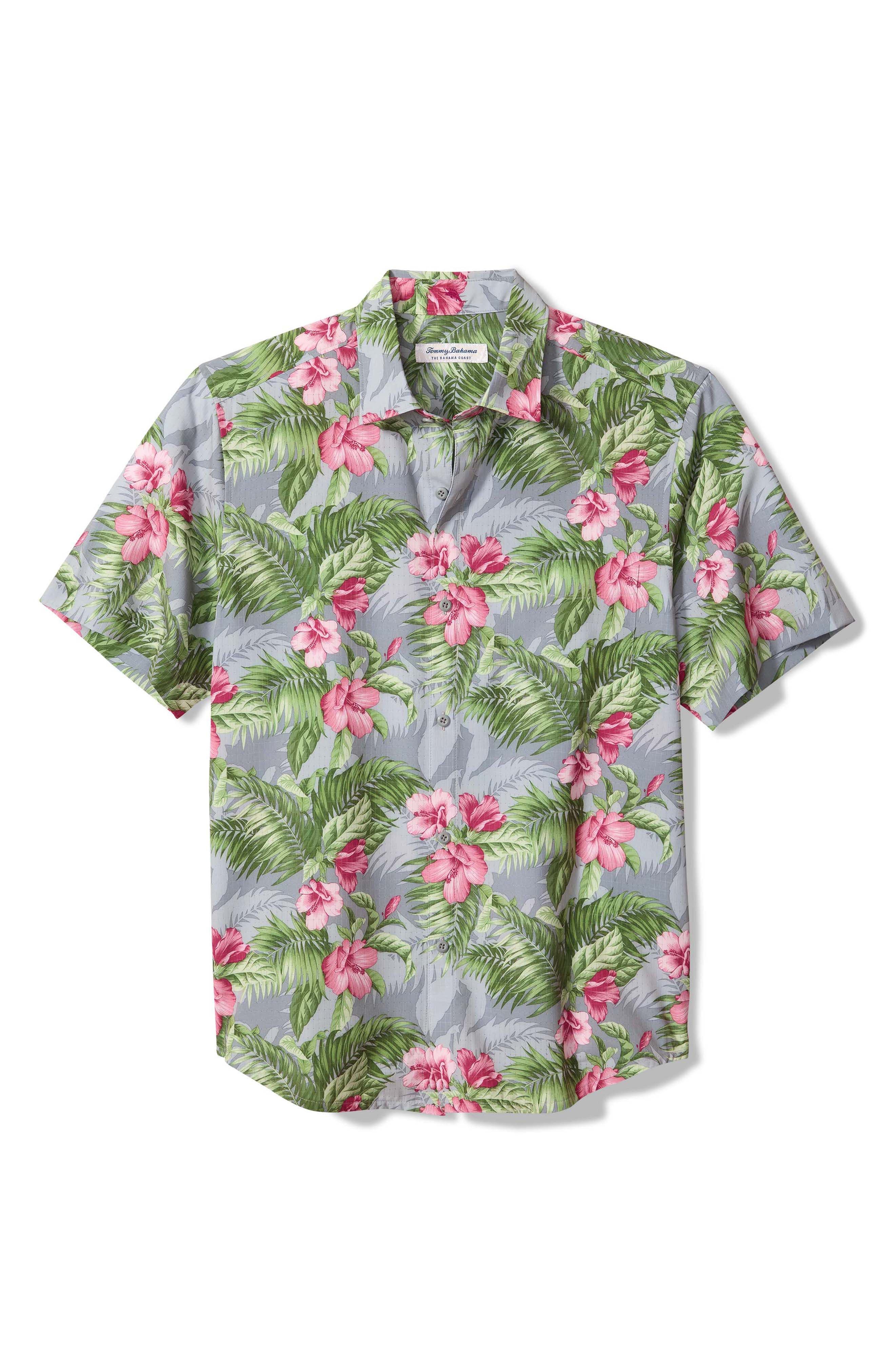 Bahama Coast Hibiscus Shade Floral IslandZone Short Sleeve Button-Up Shirt - image 1