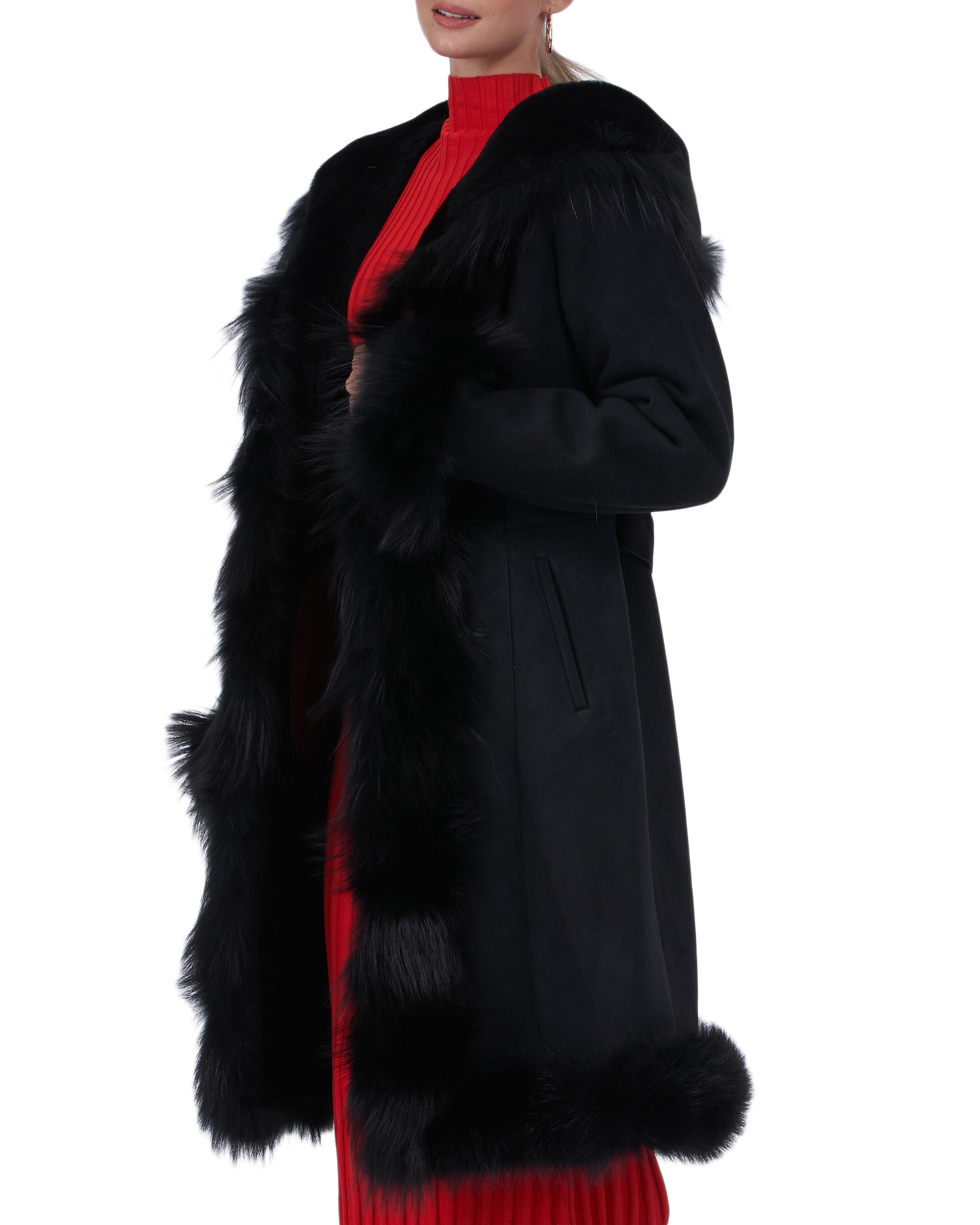 Genuine Shearling Short Coat With Genuine Shearling Tuxedo Collar, Hood Trim, Cuffs & Bottom - image 2