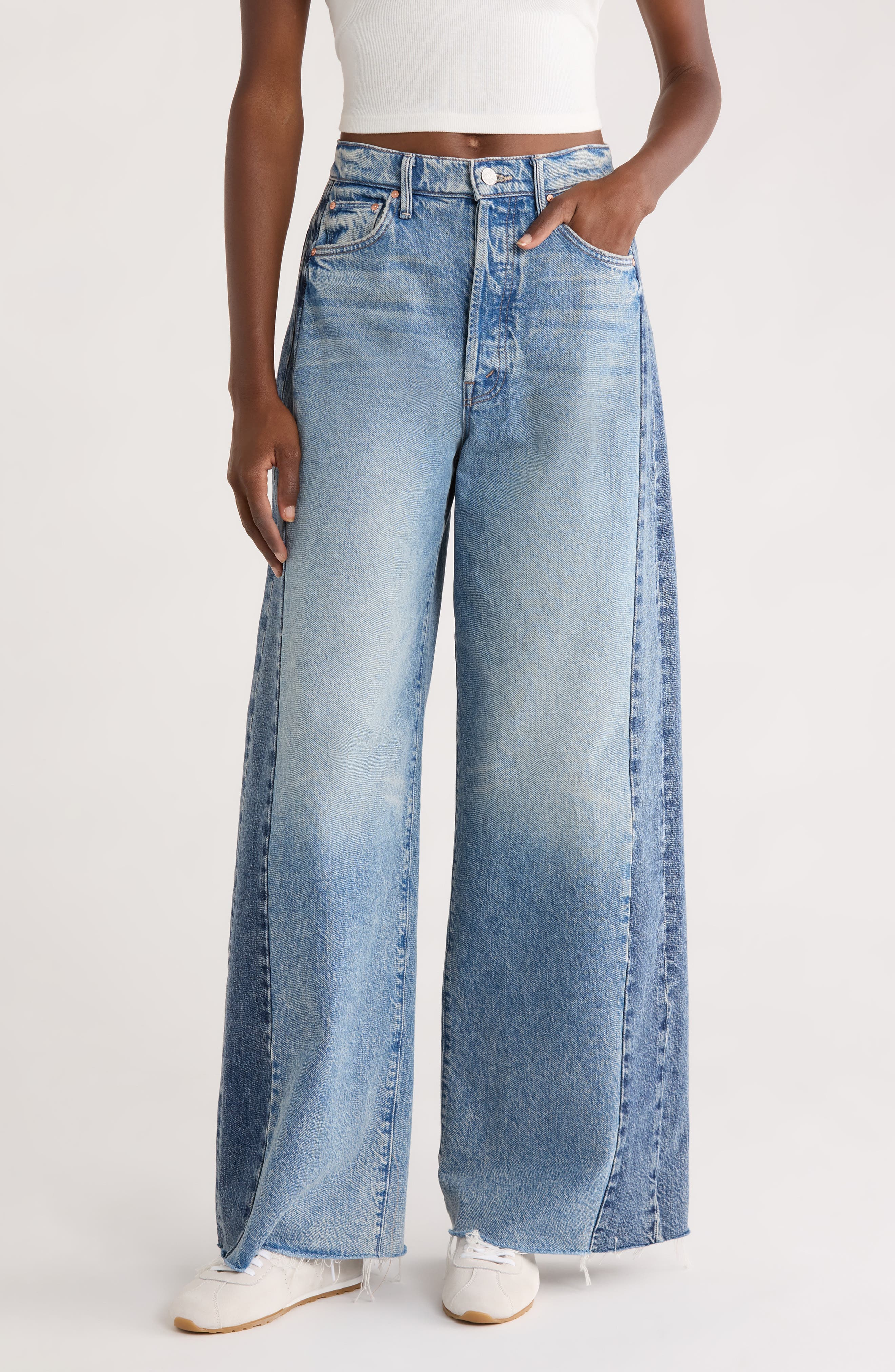 Pipe Dream Button Sneak High Waist Fray Hem Wide Leg Jeans - image 1