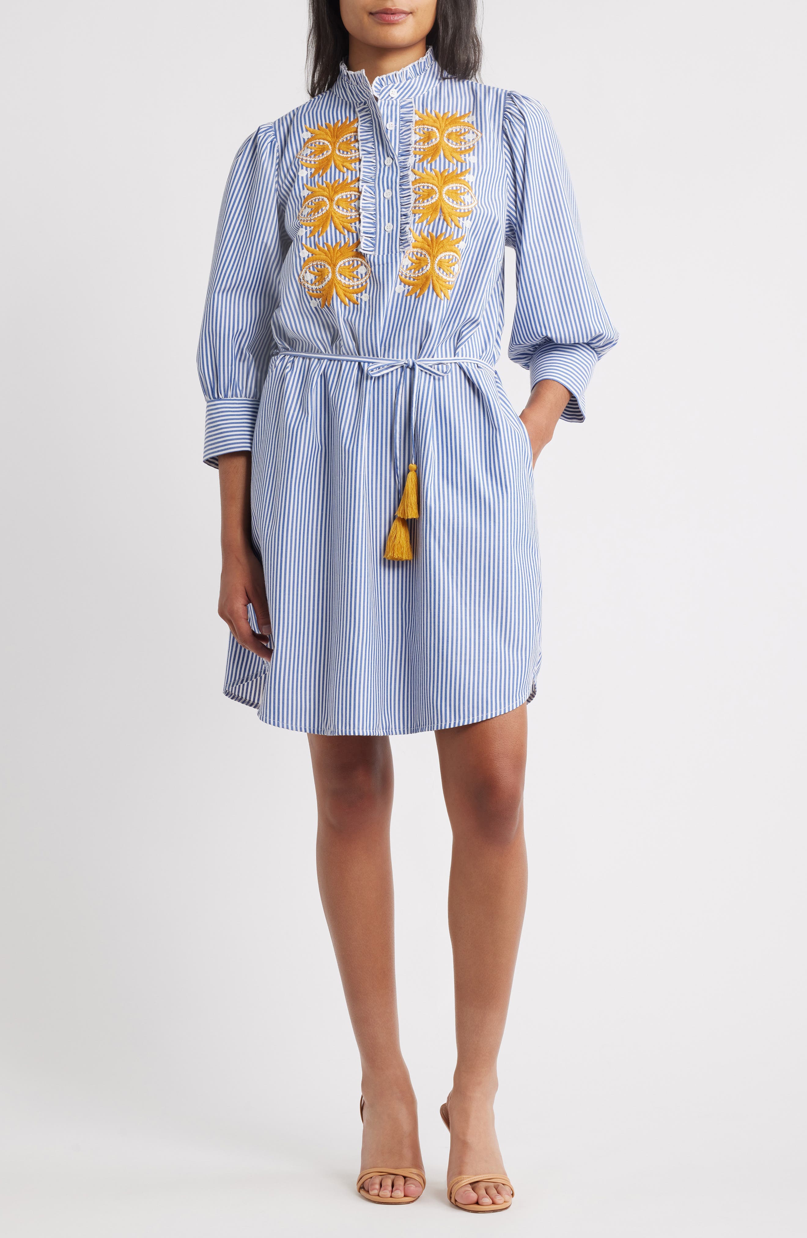 Embroidered Tie Waist Long Sleeve Dress - image 1