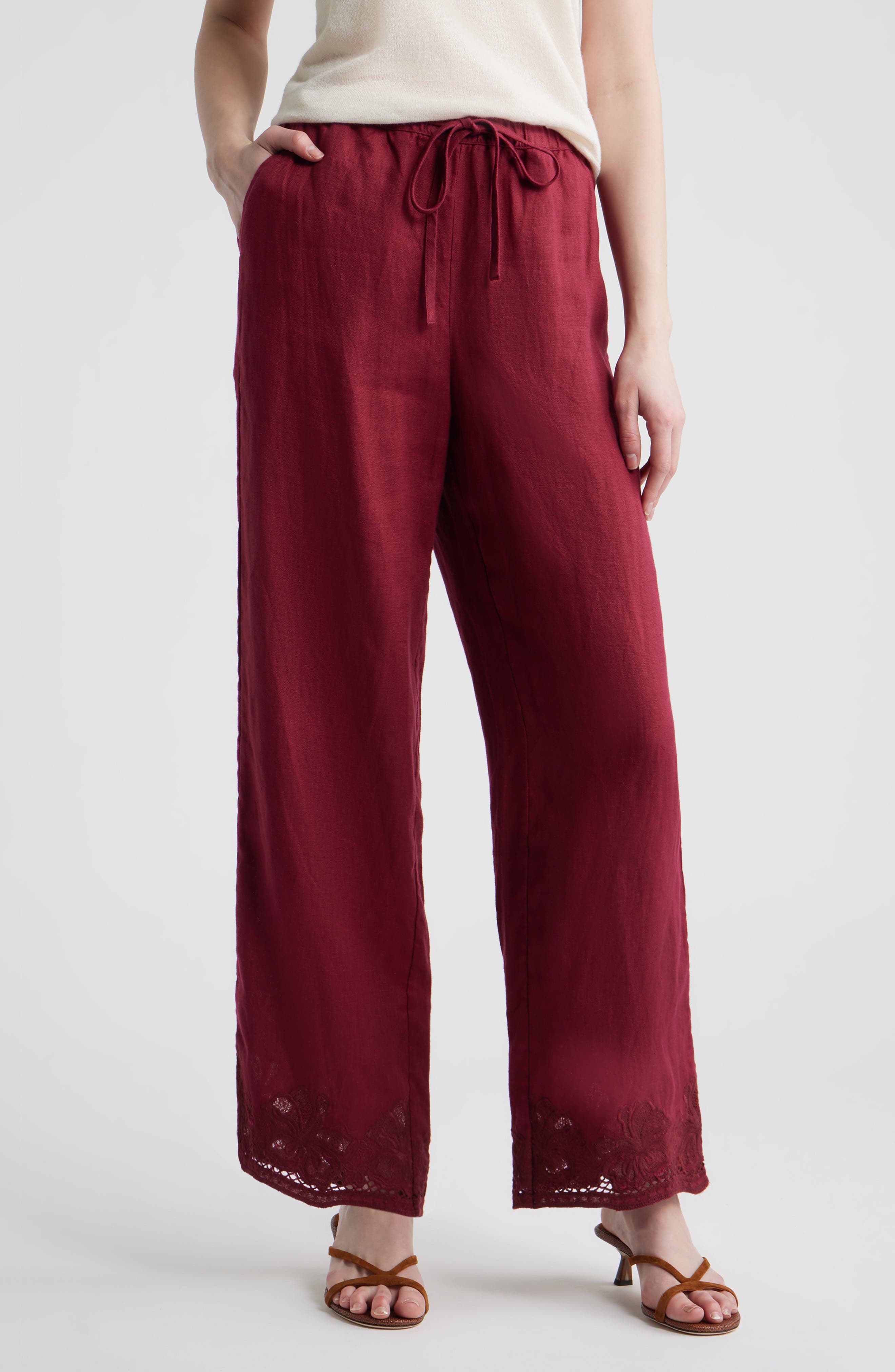 Emmie Embroidered Linen Drawstring Pants - image 1