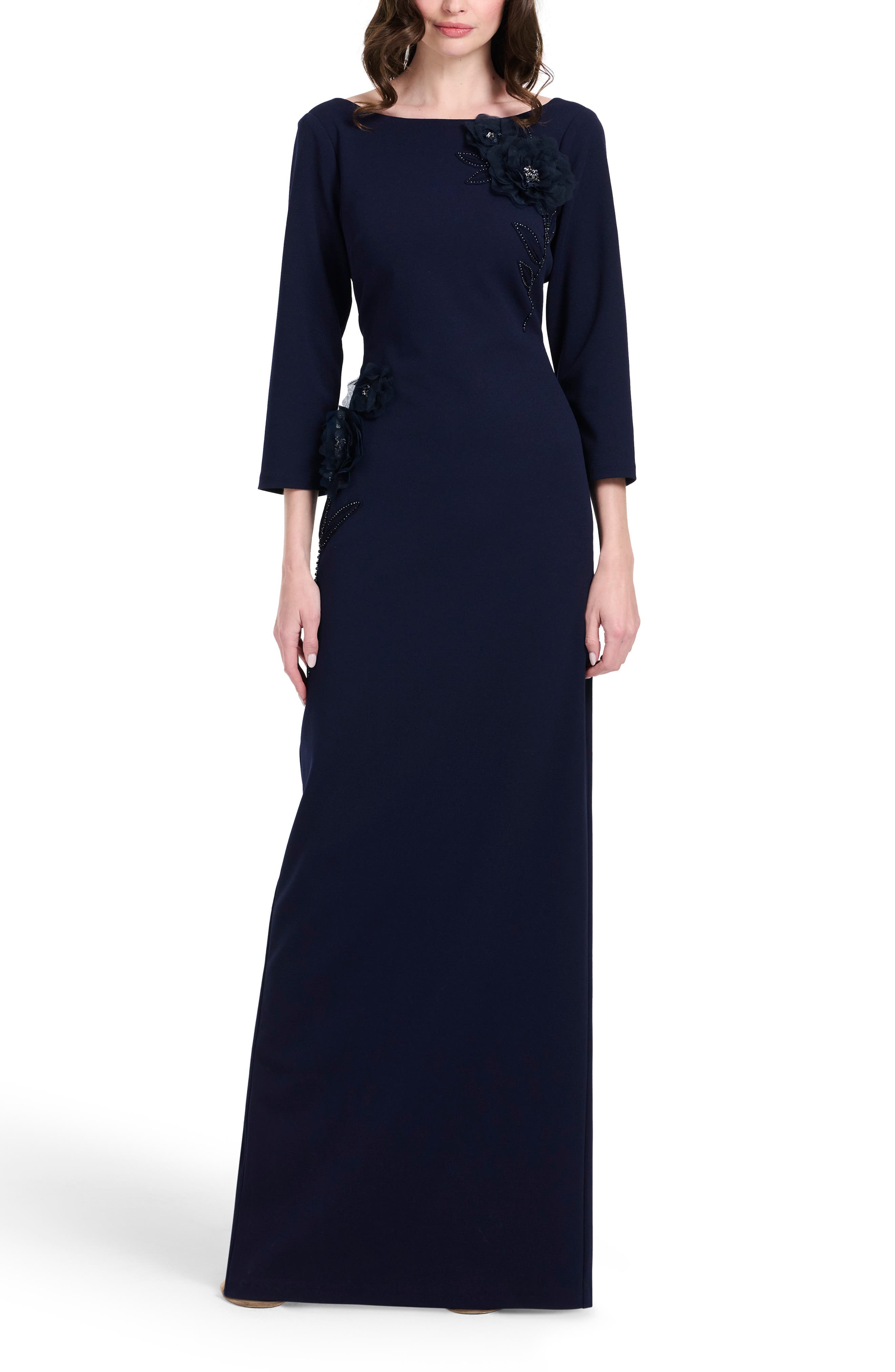 Stretch Crepe Floral Applique Gown - image 1