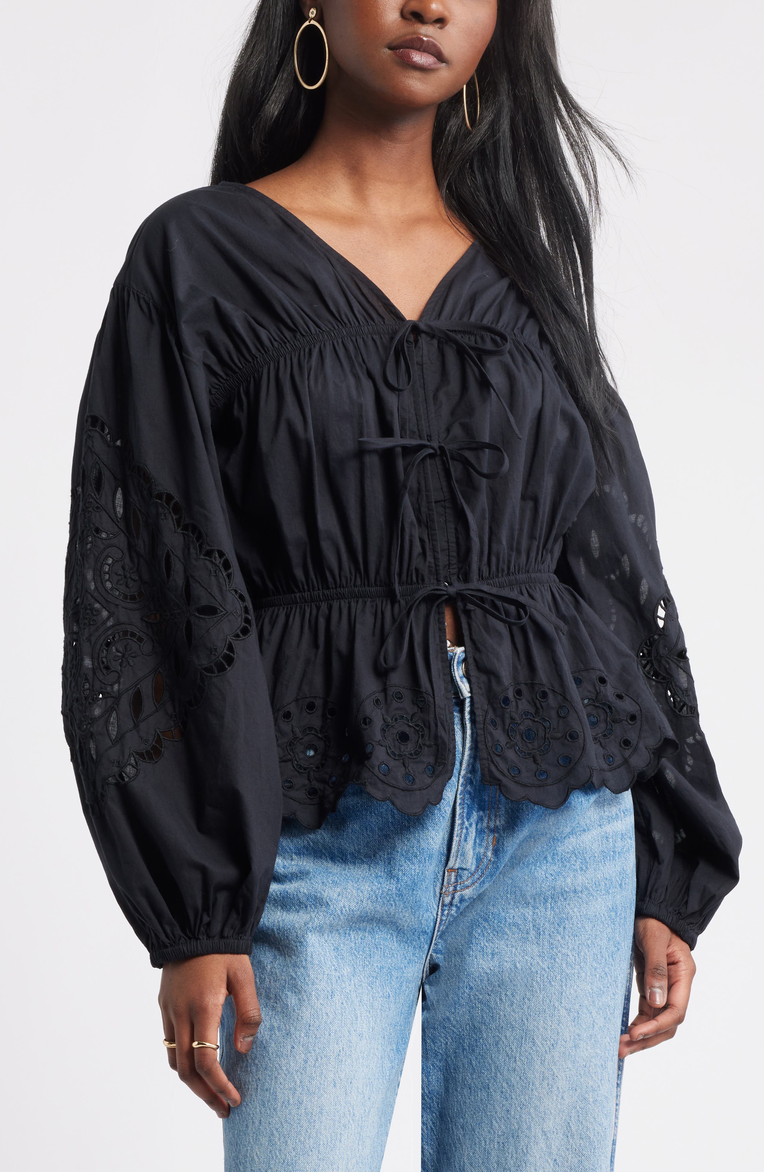 Long Sleeve Cotton Eyelet Top - image 1