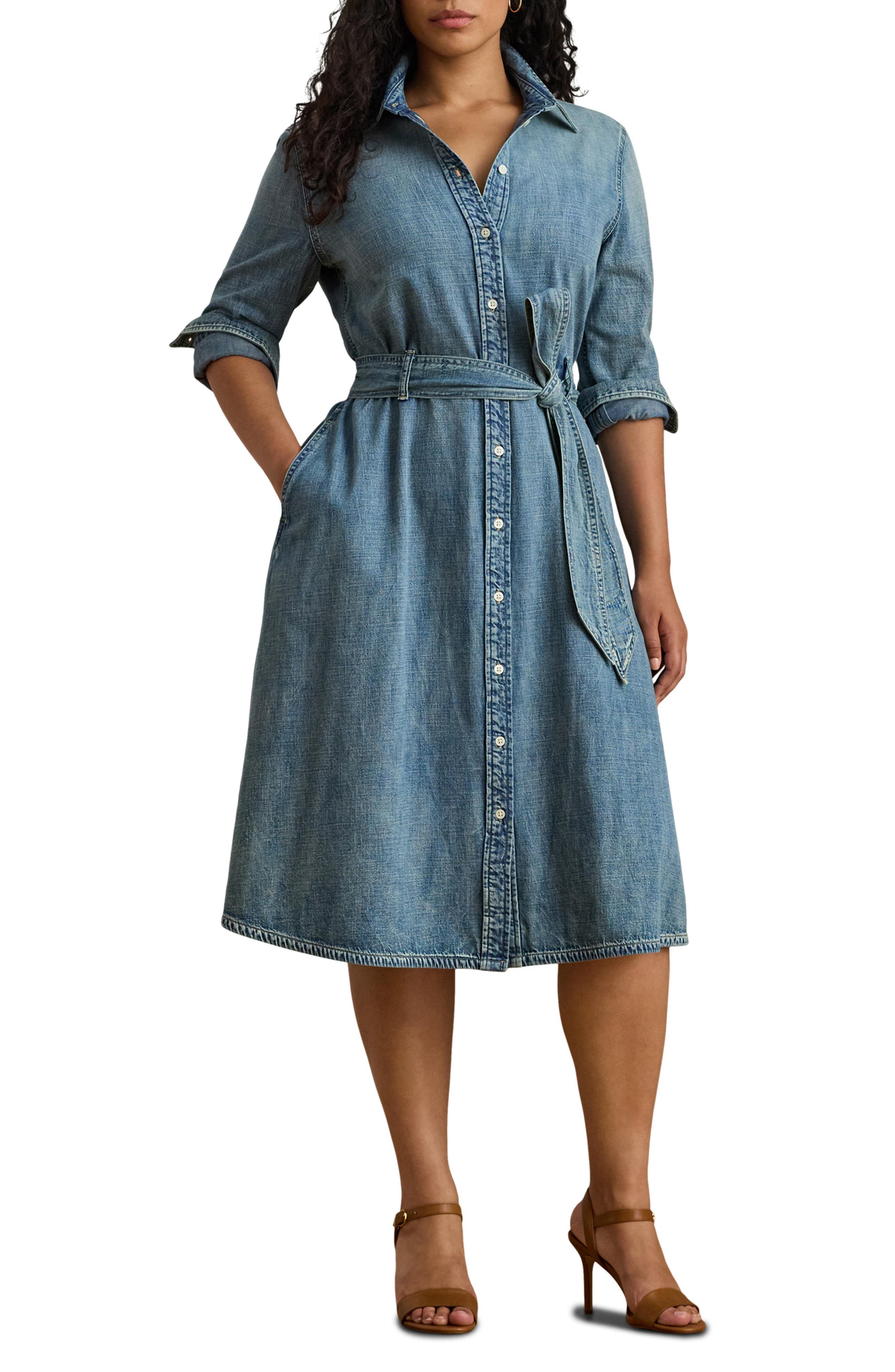 Belted Long Sleeve Denim Shirtdress - image 1