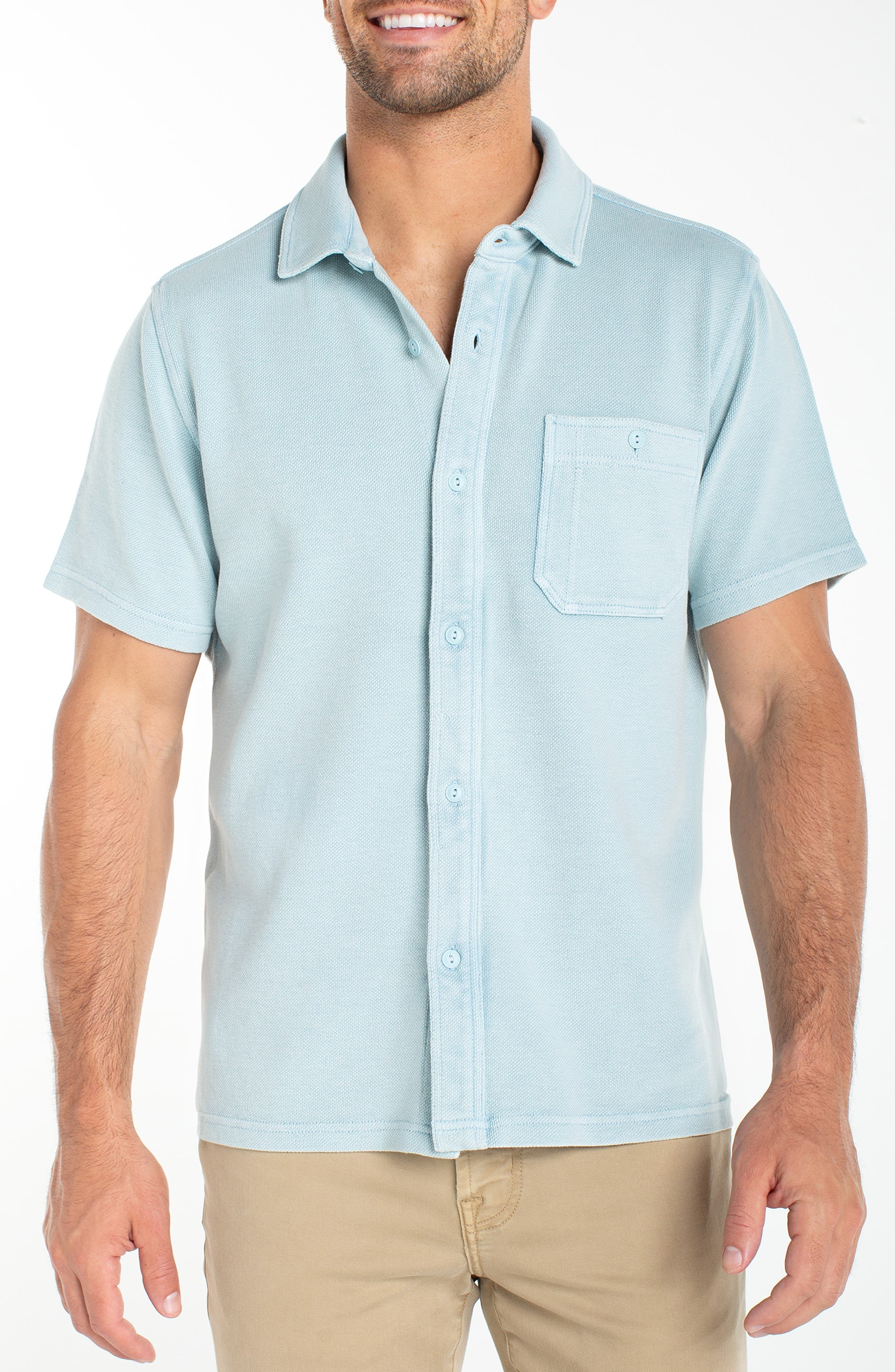 Short Sleeve Pique Knit Button-Up Shirt - image 3