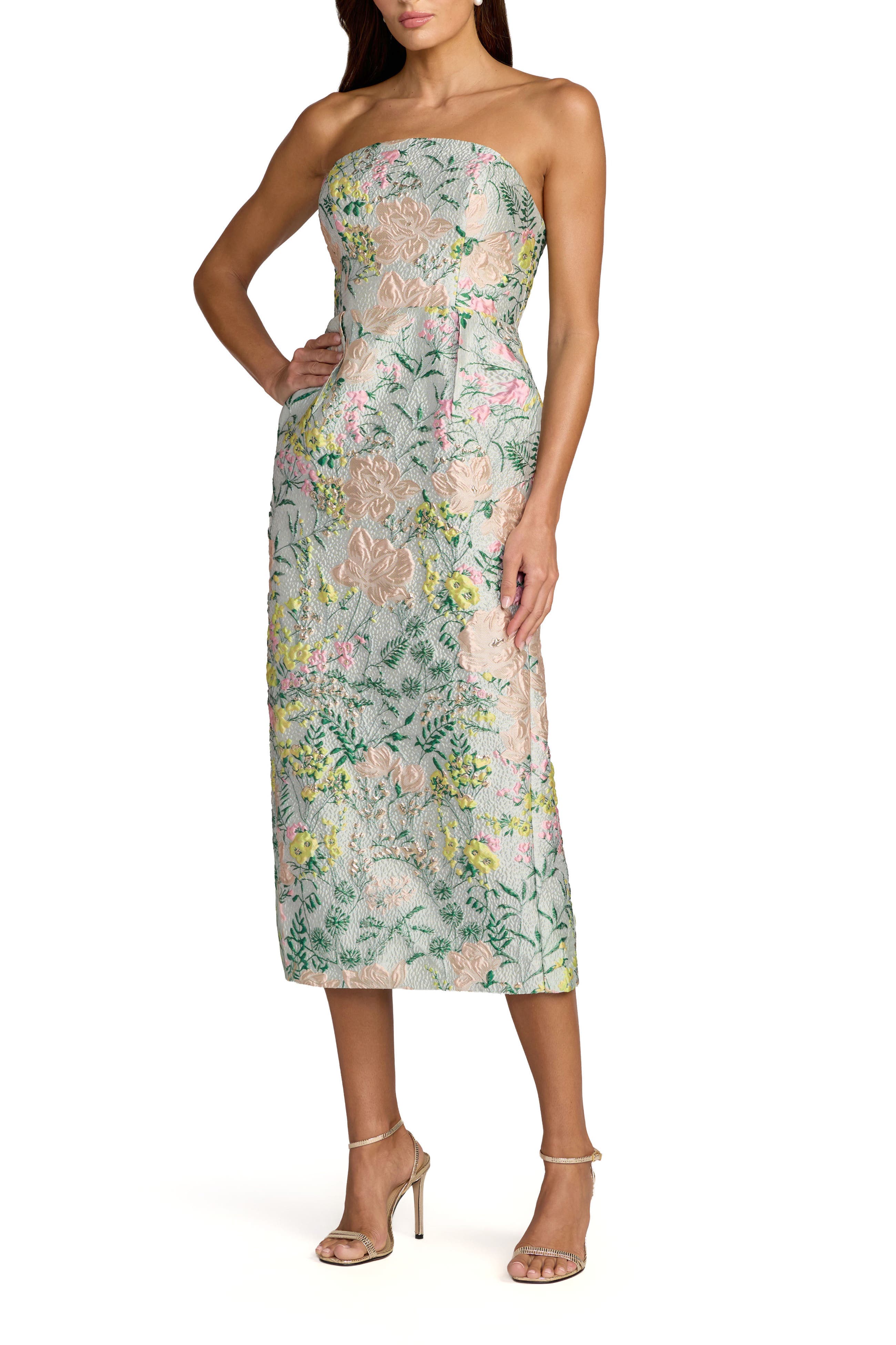 Multicolor Strapless Brocade Midi Dress With Pockets - image 2