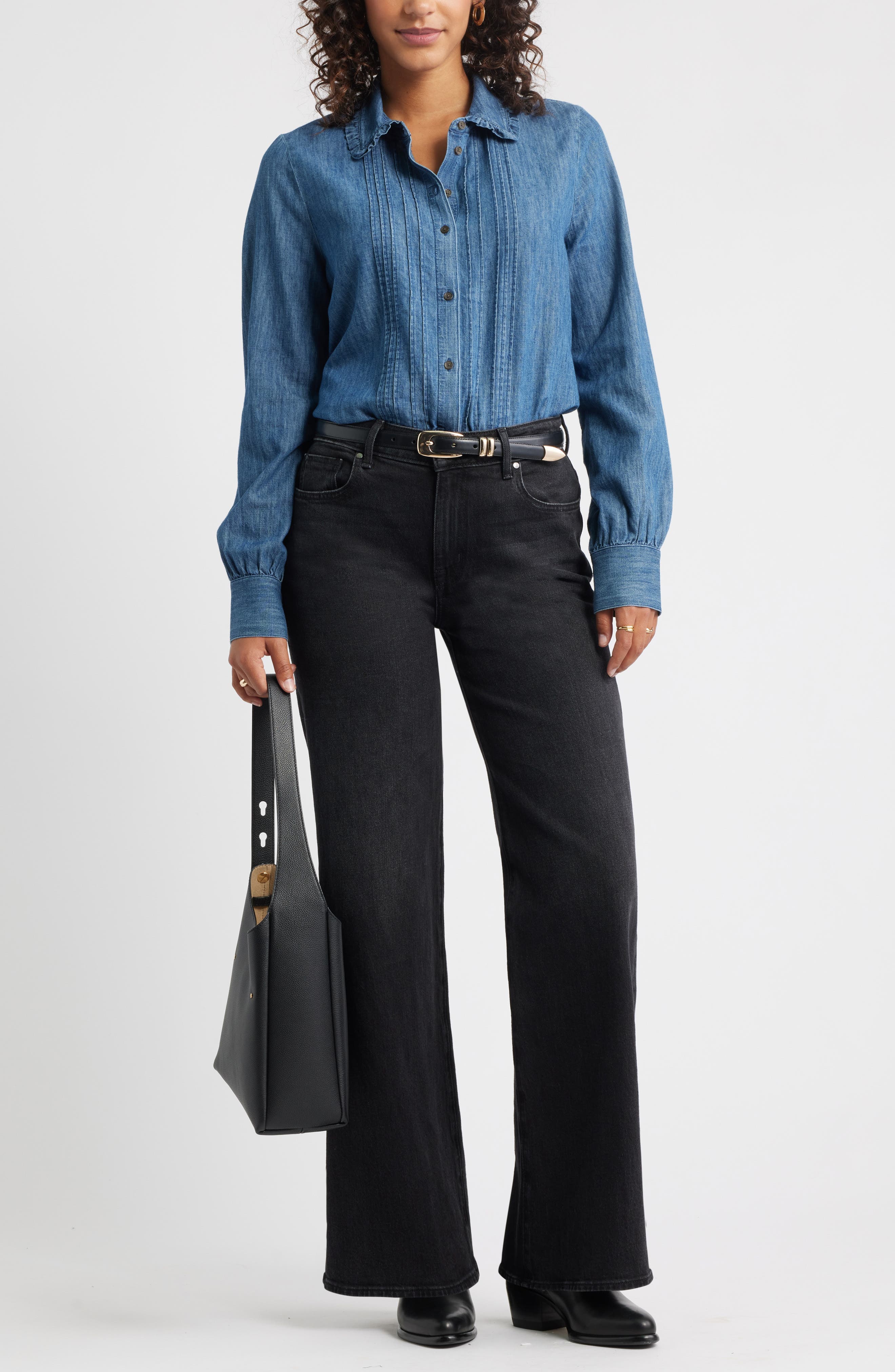 Pintuck Cotton Chambray Button-Up Shirt - image 2
