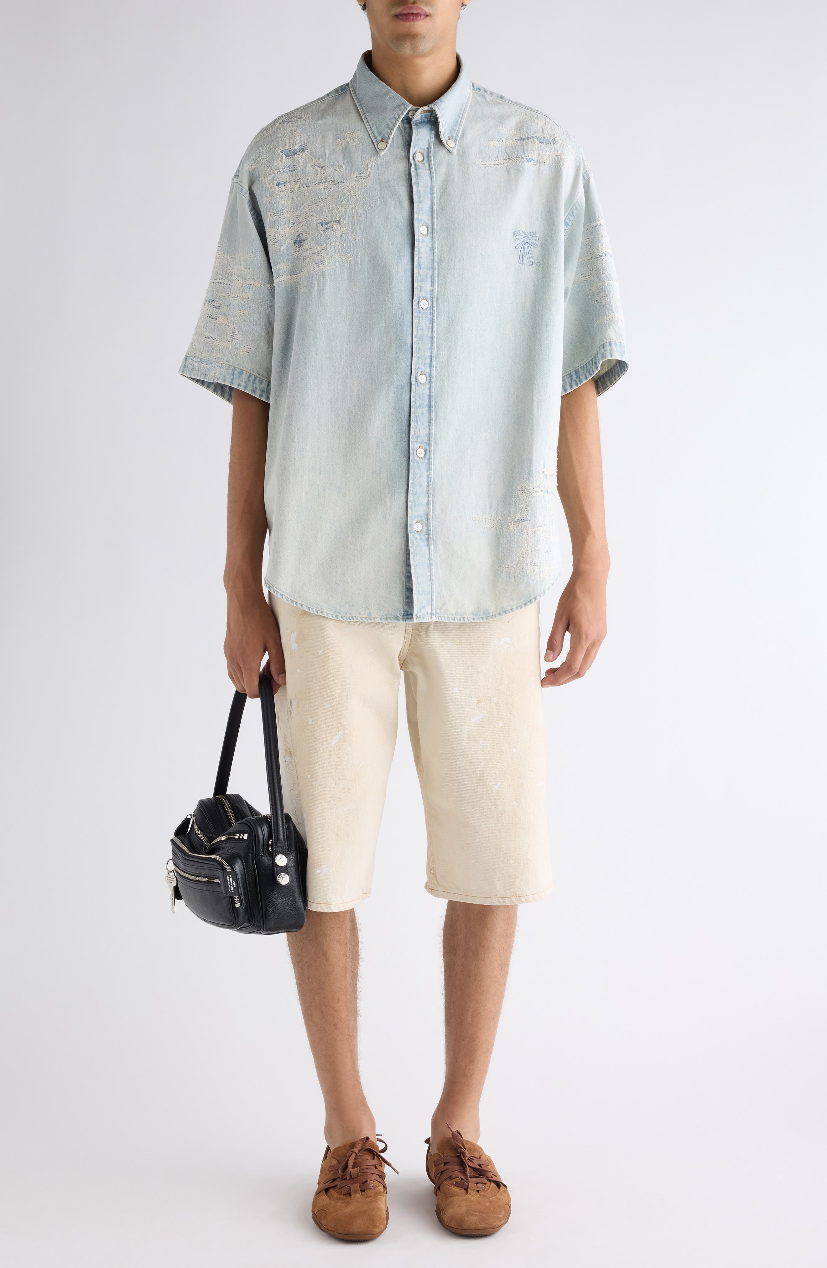Setar Mending Distressed Short Sleeve Denim Button-Down Shirt - image 2