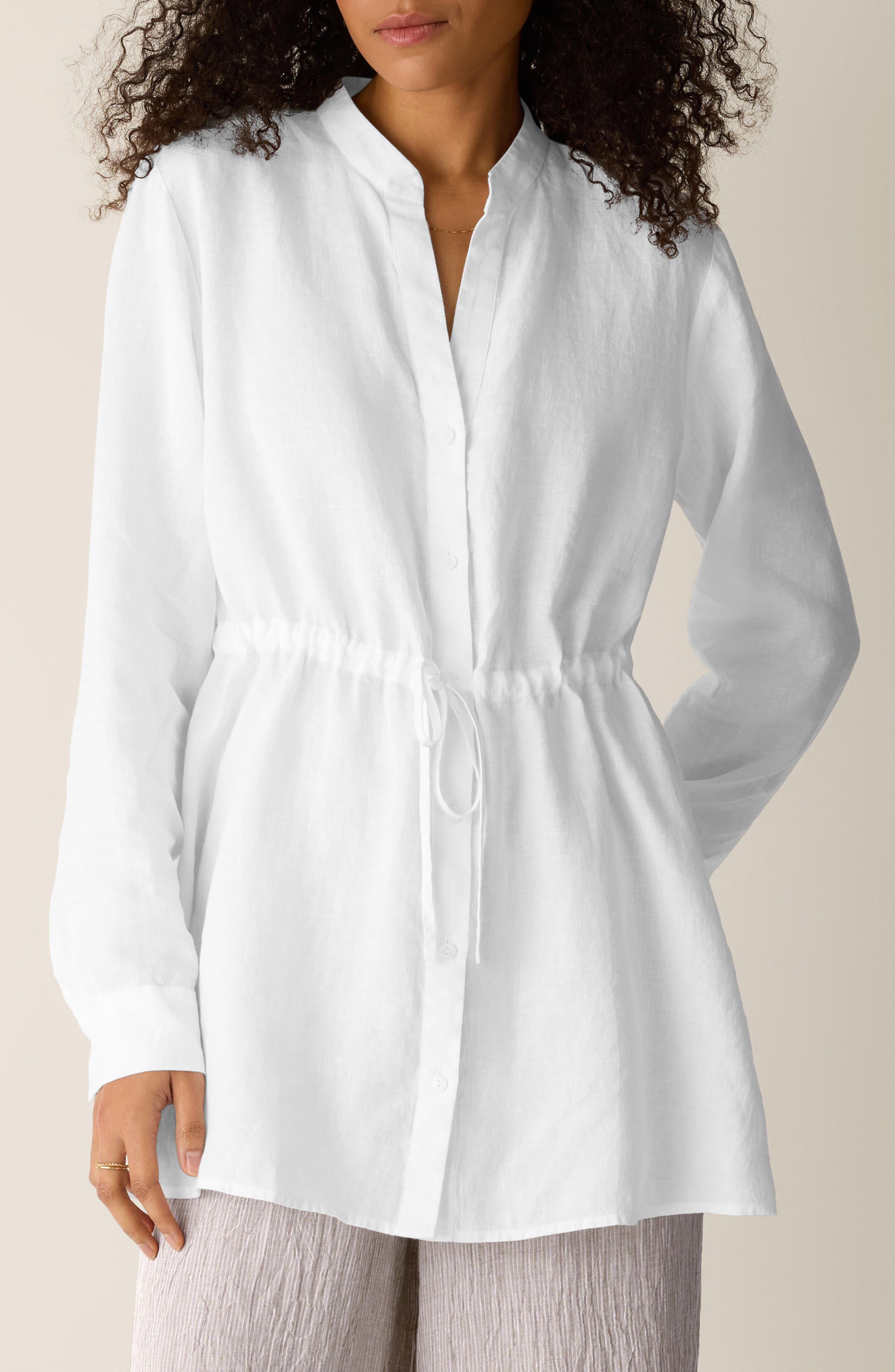Split Neck Organic Linen Long Drawstring Shirt - image 1