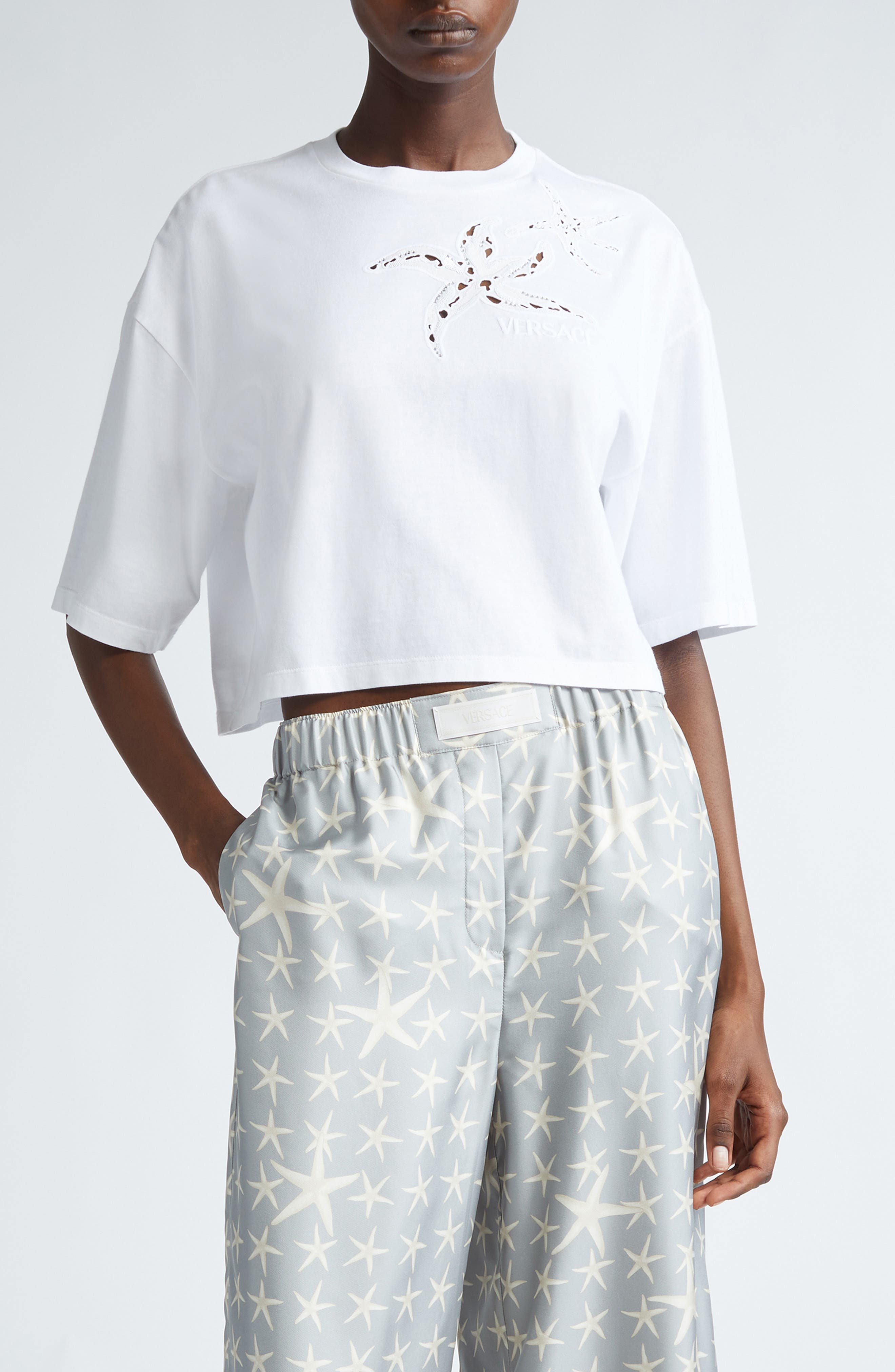 Starfish Logo Crystal Embellished Crop Cotton T-Shirt - image 1