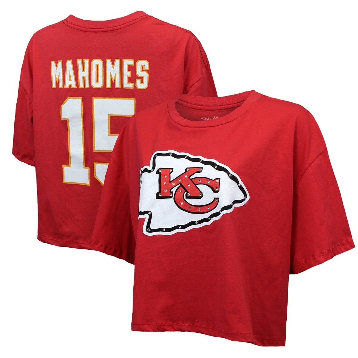 Women's Majestic Threads Patrick Mahomes Red Kansas City Chiefs Swarovski Crystals Boxy Cropped Name & Number T-Shirt - image 1