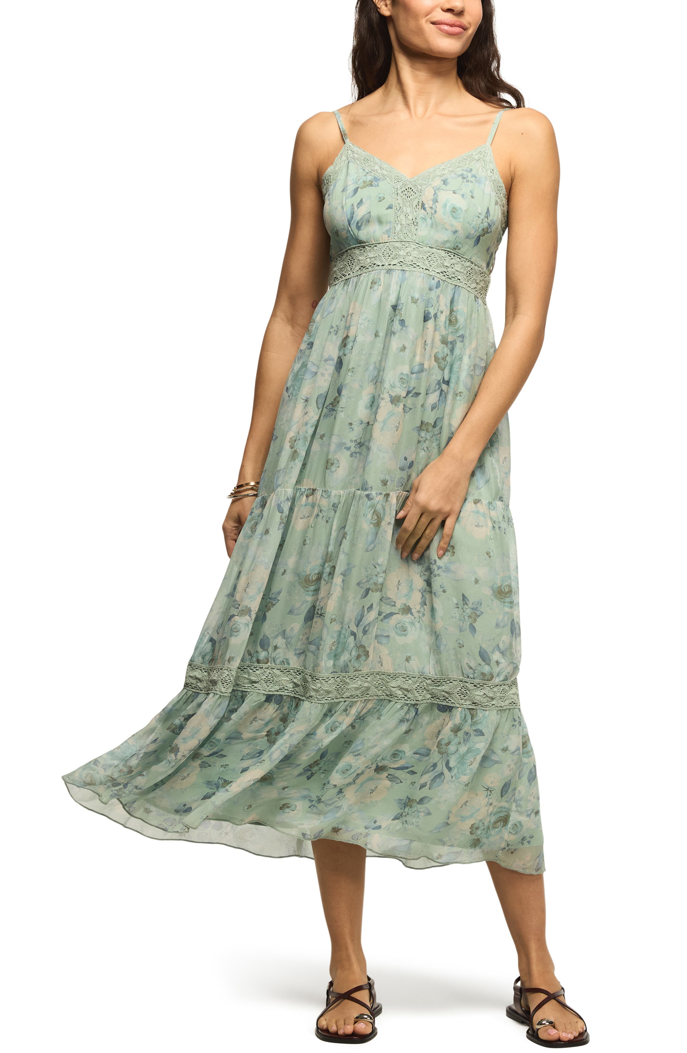 Floral Print Lace Trim Midi Dress - image 1