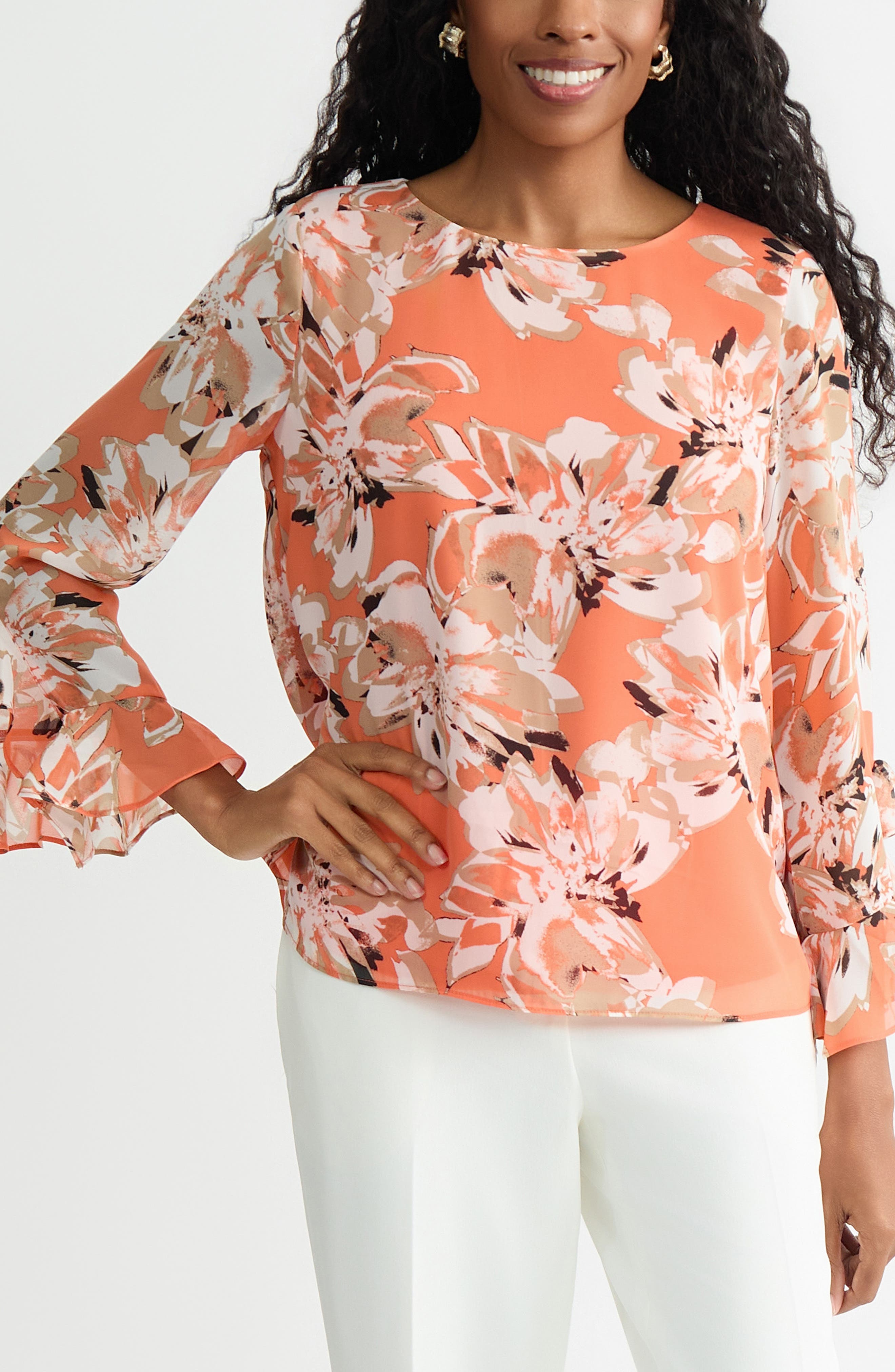 Print Ruffle Sleeve Top - image 1