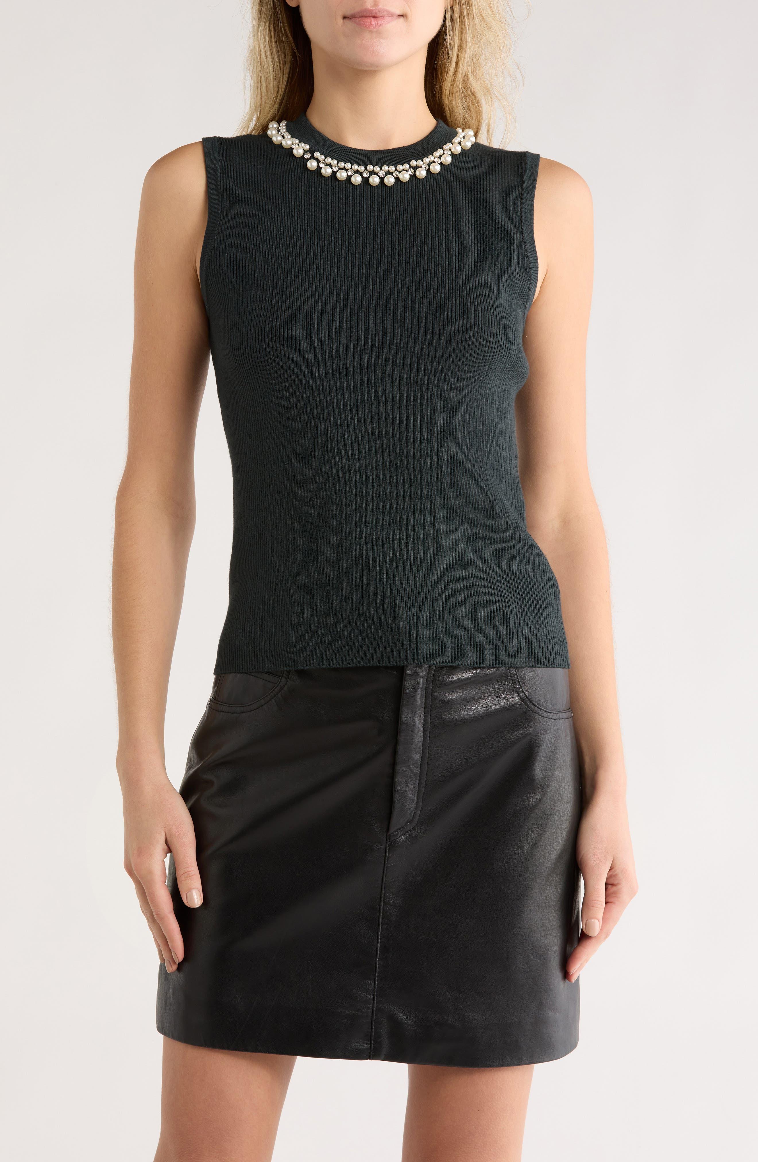 Faux Pearl & Rhinestone Collar Sleeveless Sweater - image 3