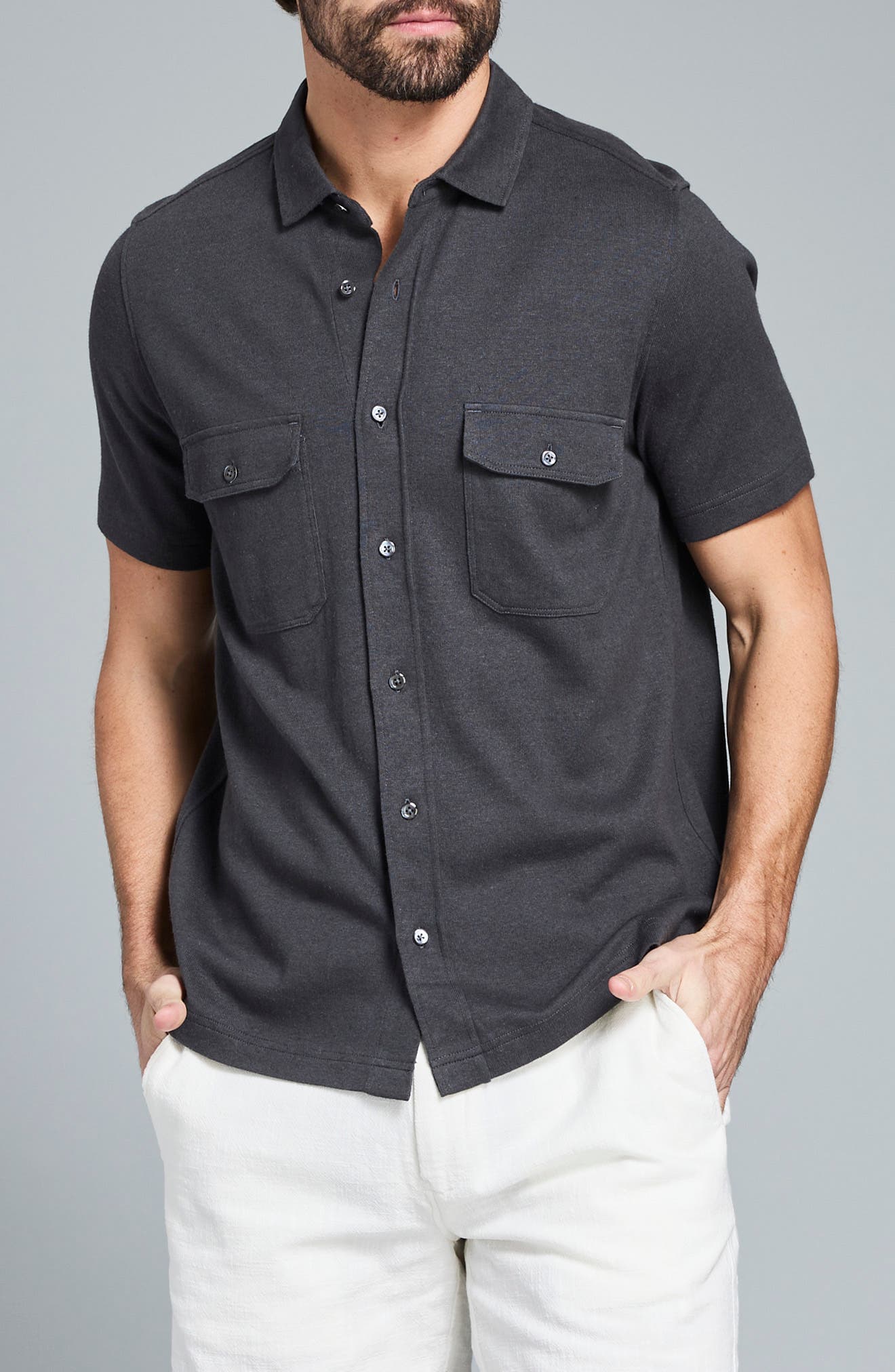 Hemp & Cotton Knit Short Sleeve Button-Up Shirt - image 1