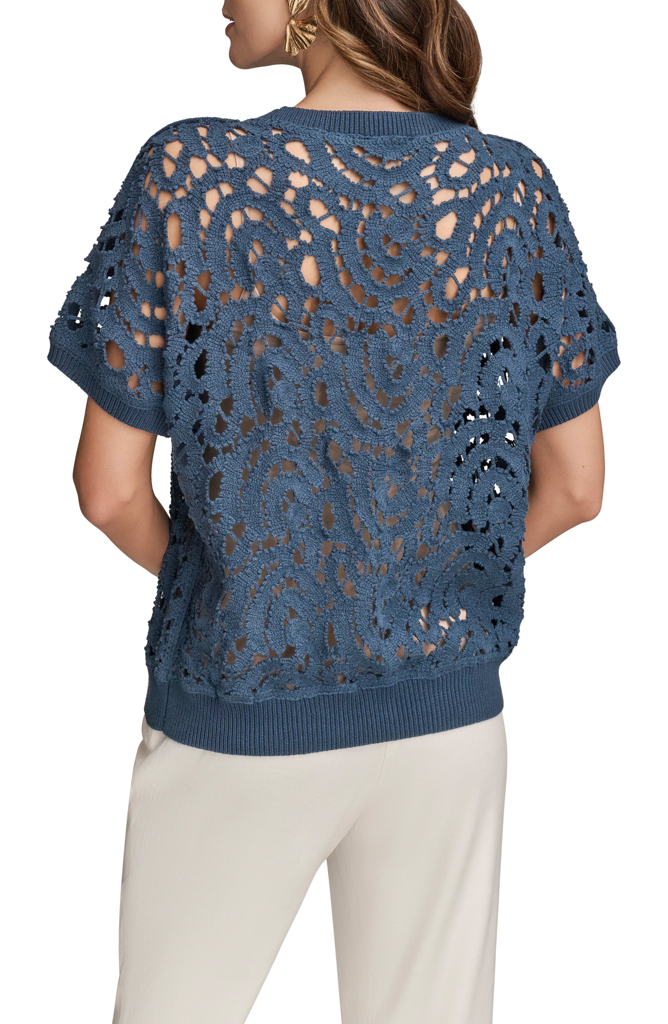 Drop Shoulder Crochet Short Sleeve Sweater - image 2