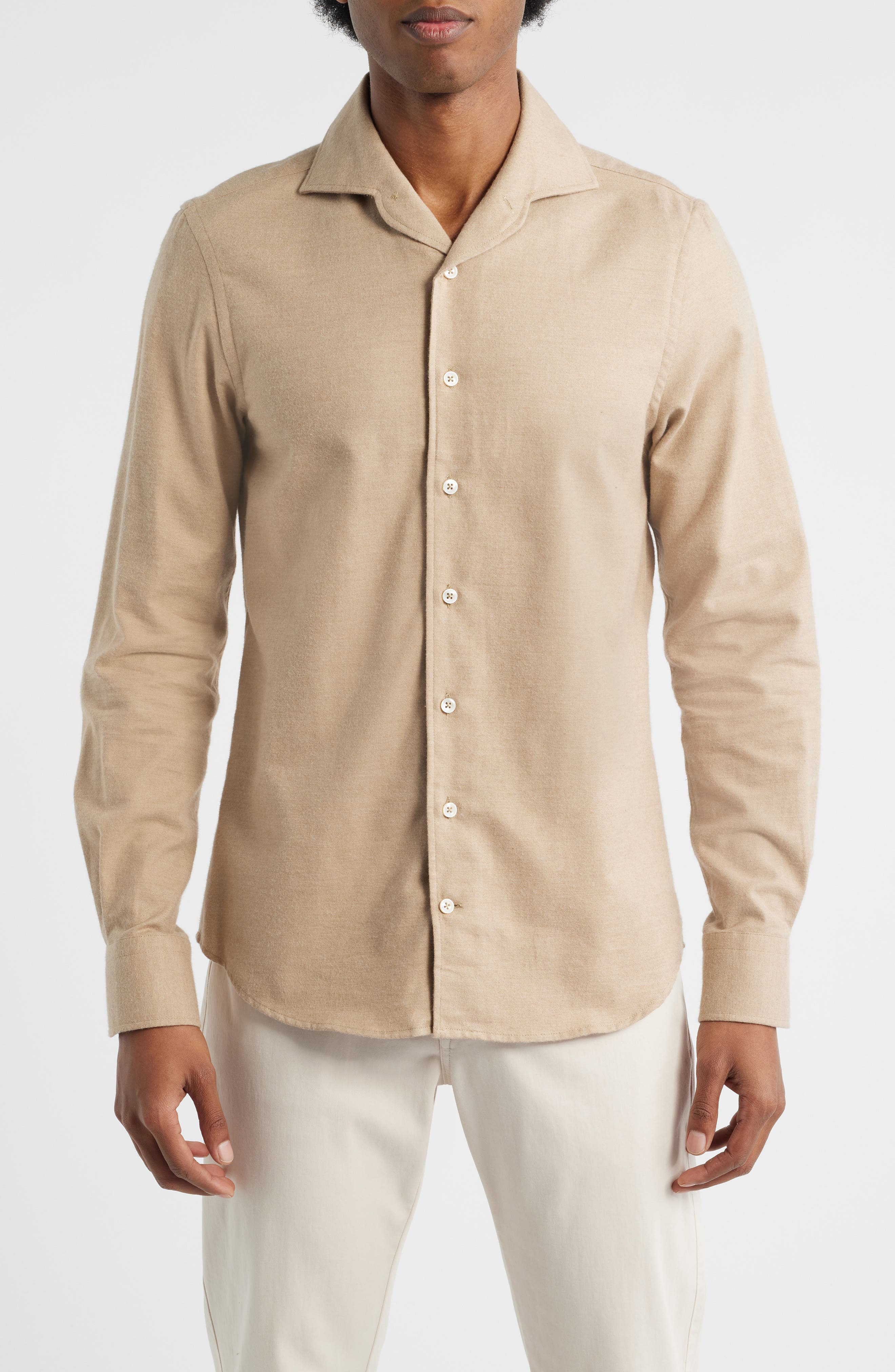 Slim Fit Camp Collar Cotton & Cashmere Flannel Button-Up Shirt - image 1
