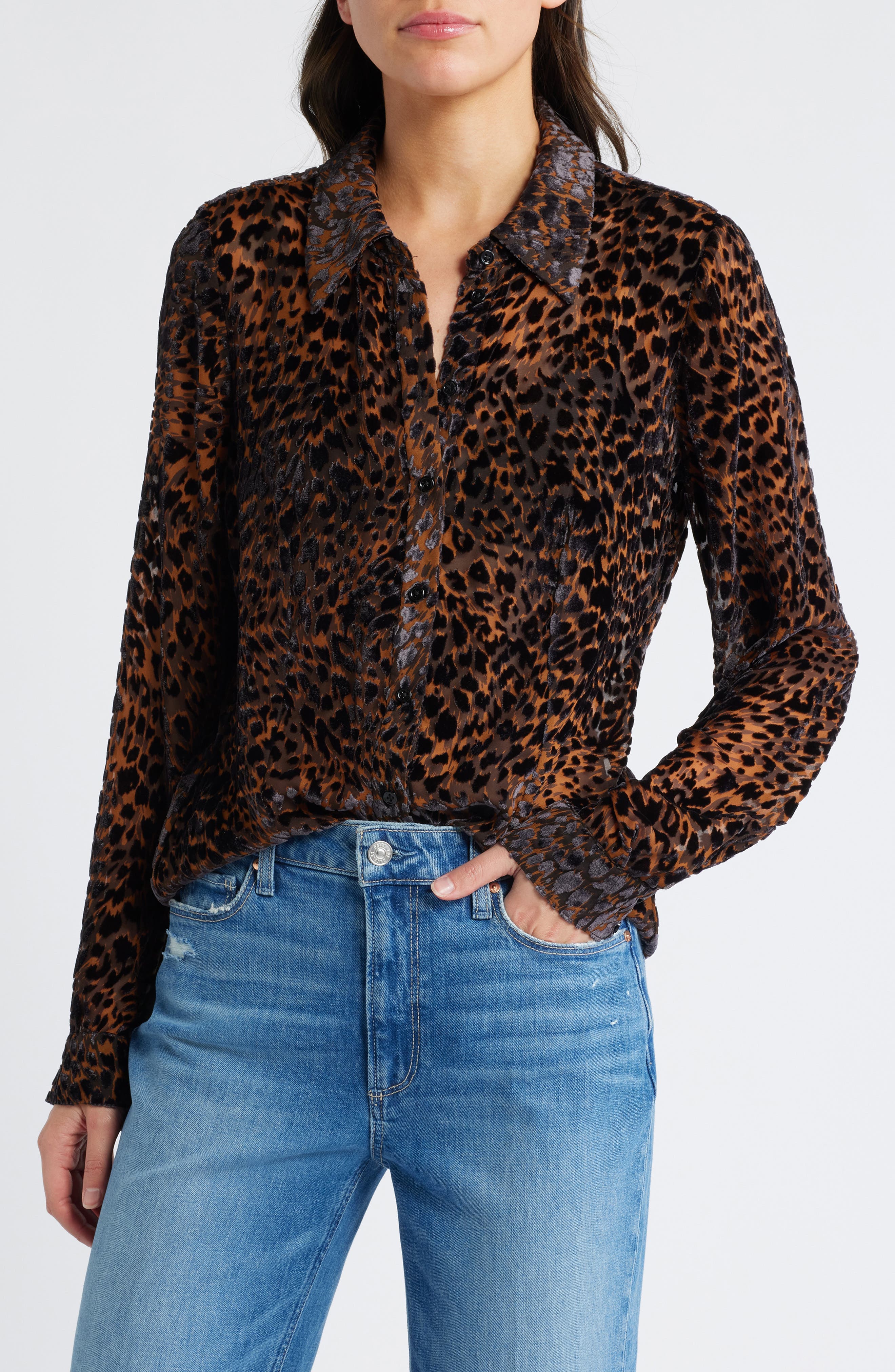 Desano Cheetah Velvet Burnout Button-Up Shirt - image 1