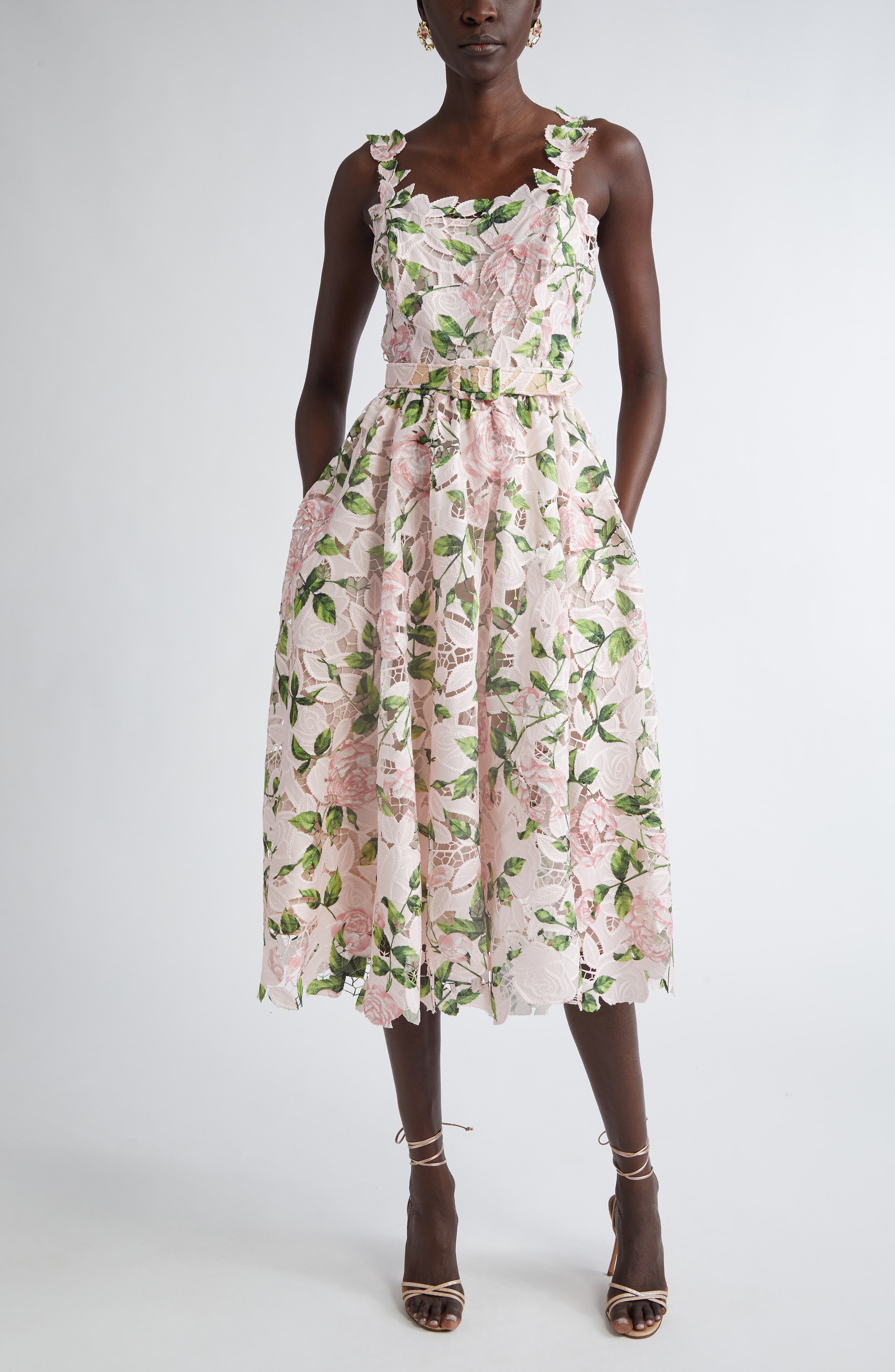 Garden Rose Belted Silk Guipure Lace Midi Dress - image 1