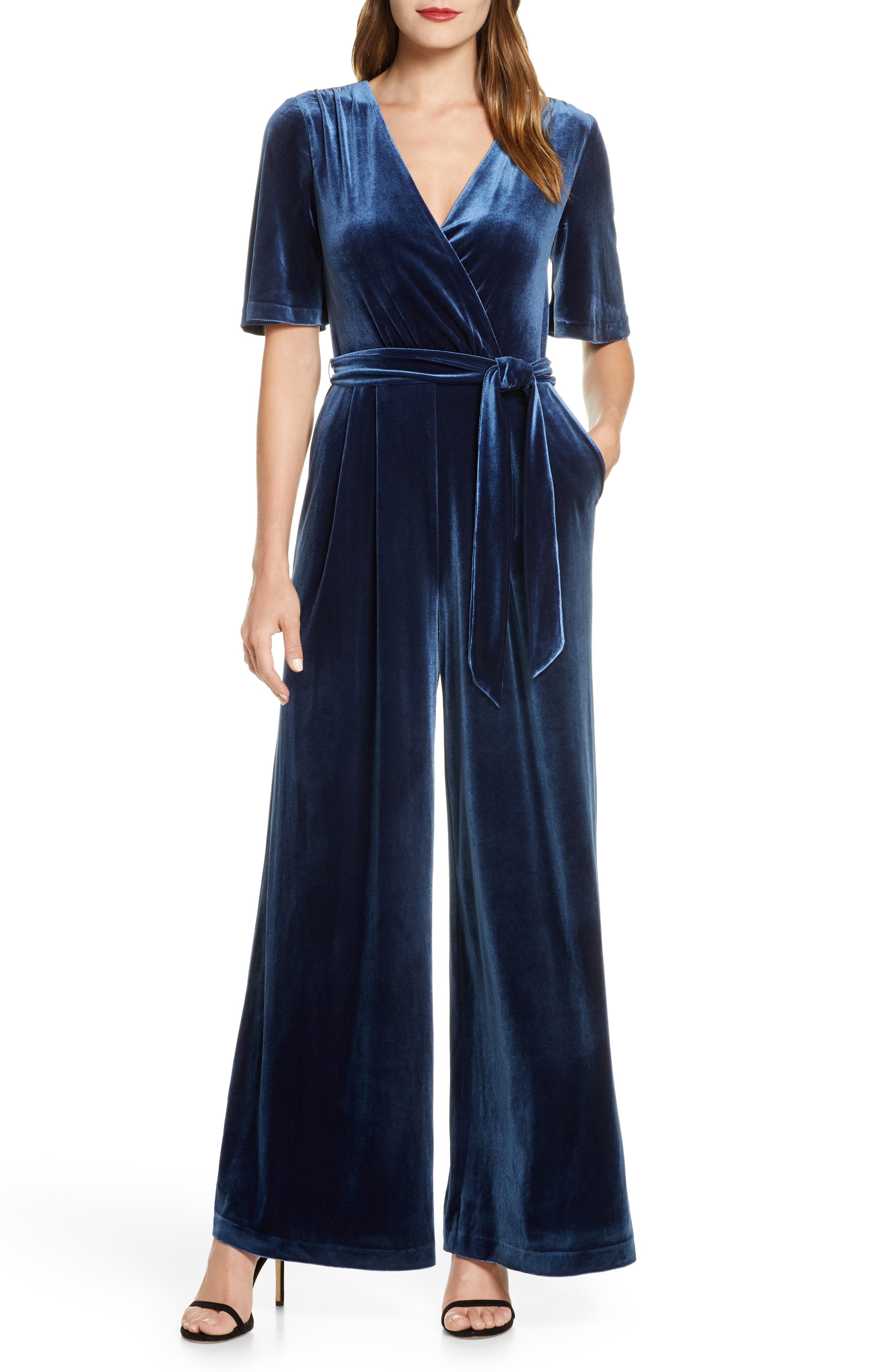 Wide Leg Faux Wrap Velvet Jumpsuit - image 1