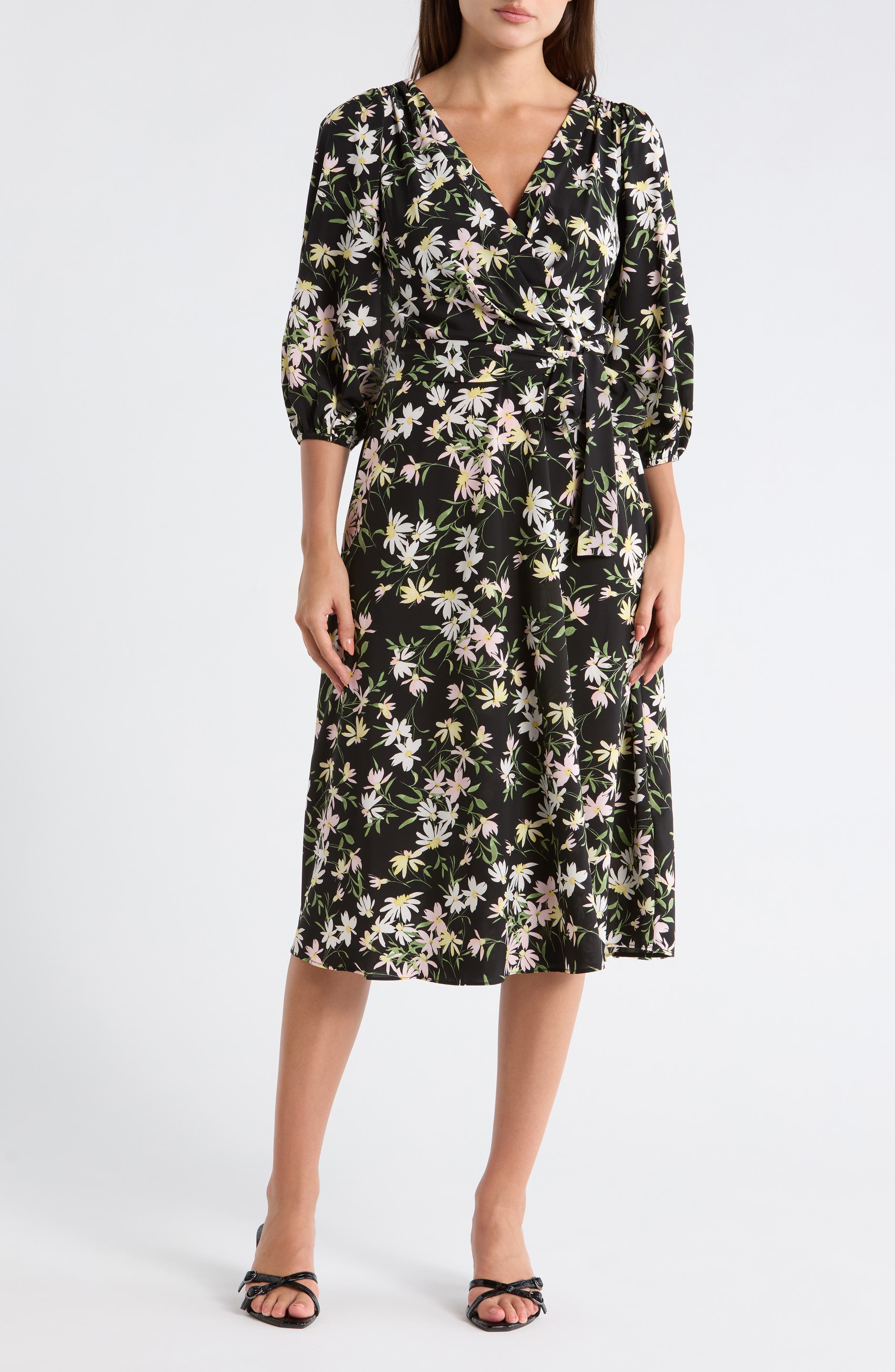 Balloon Sleeve Faux Wrap Midi Dress - image 1