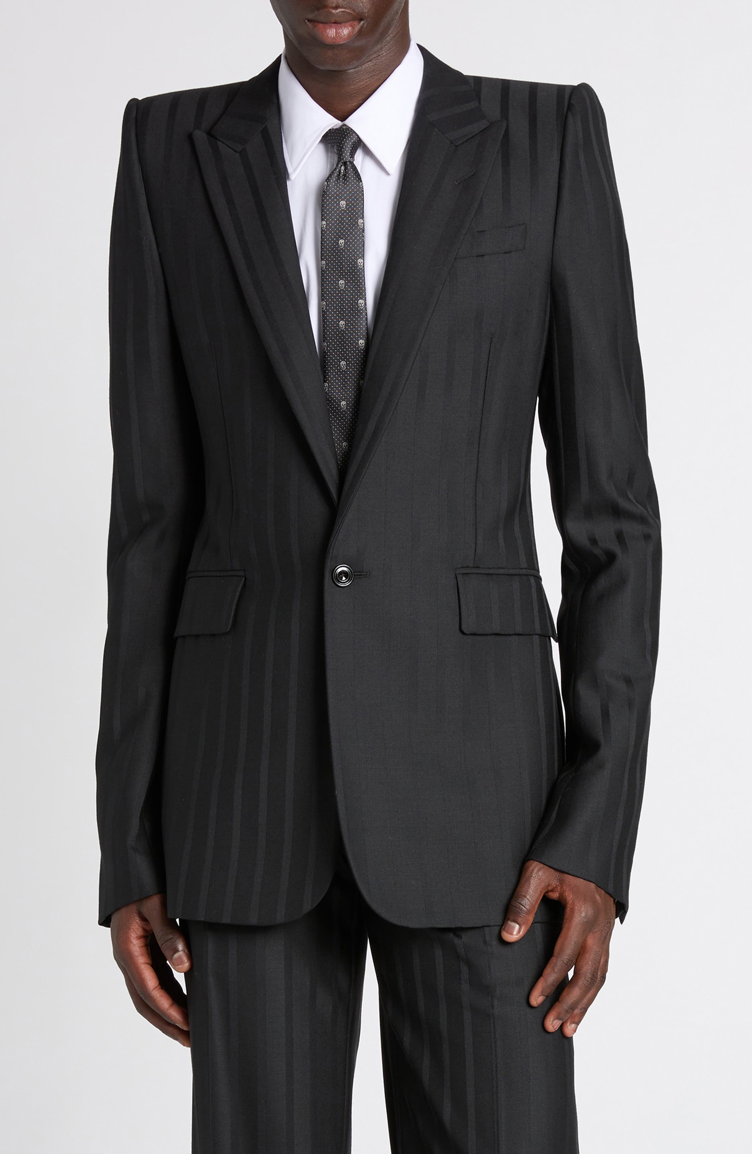 Stripe Stacked Shoulder Peak Lapel Blazer - image 1