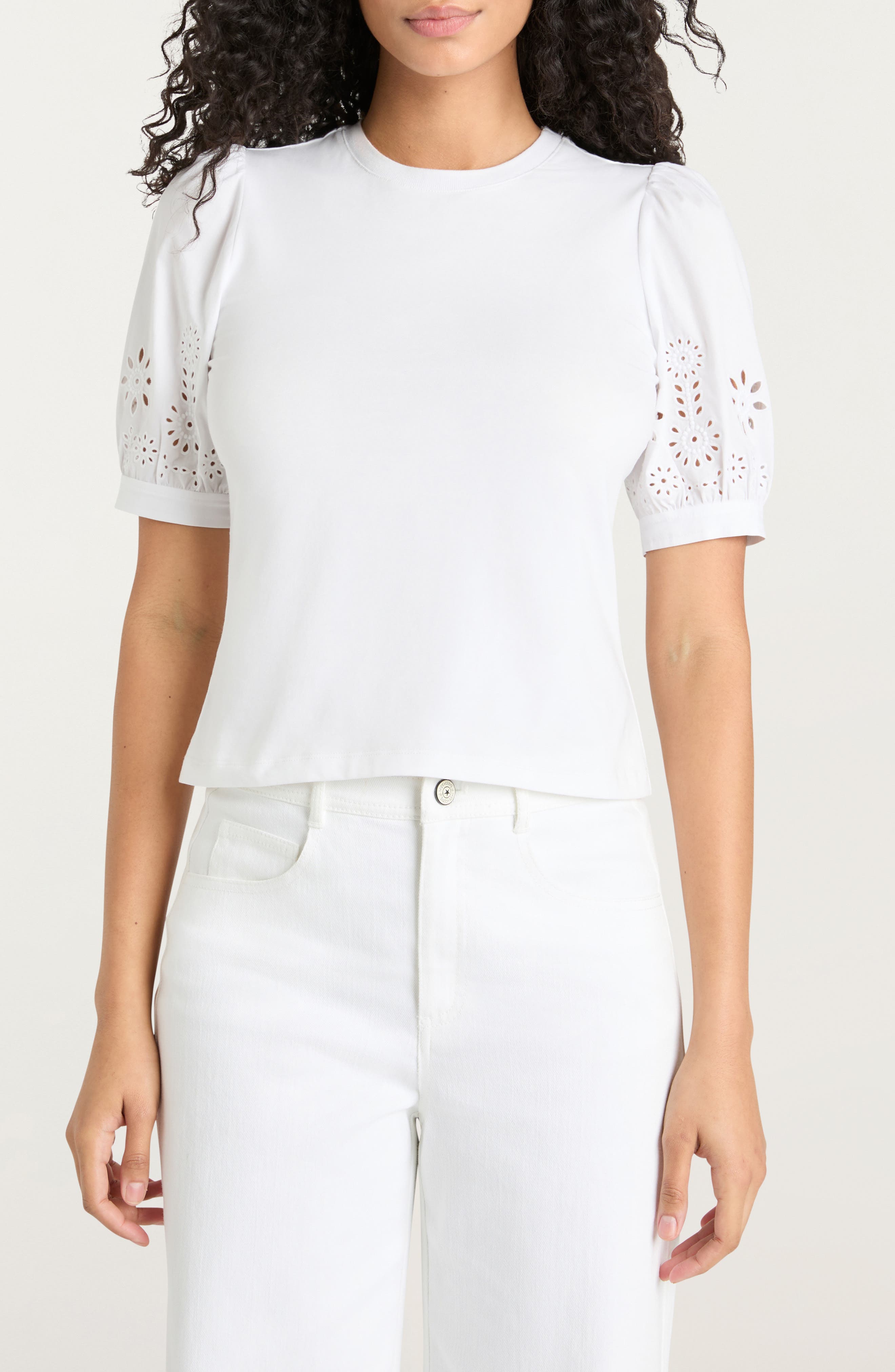 Embroidered Eyelet Mixed Media Cotton Top - image 1