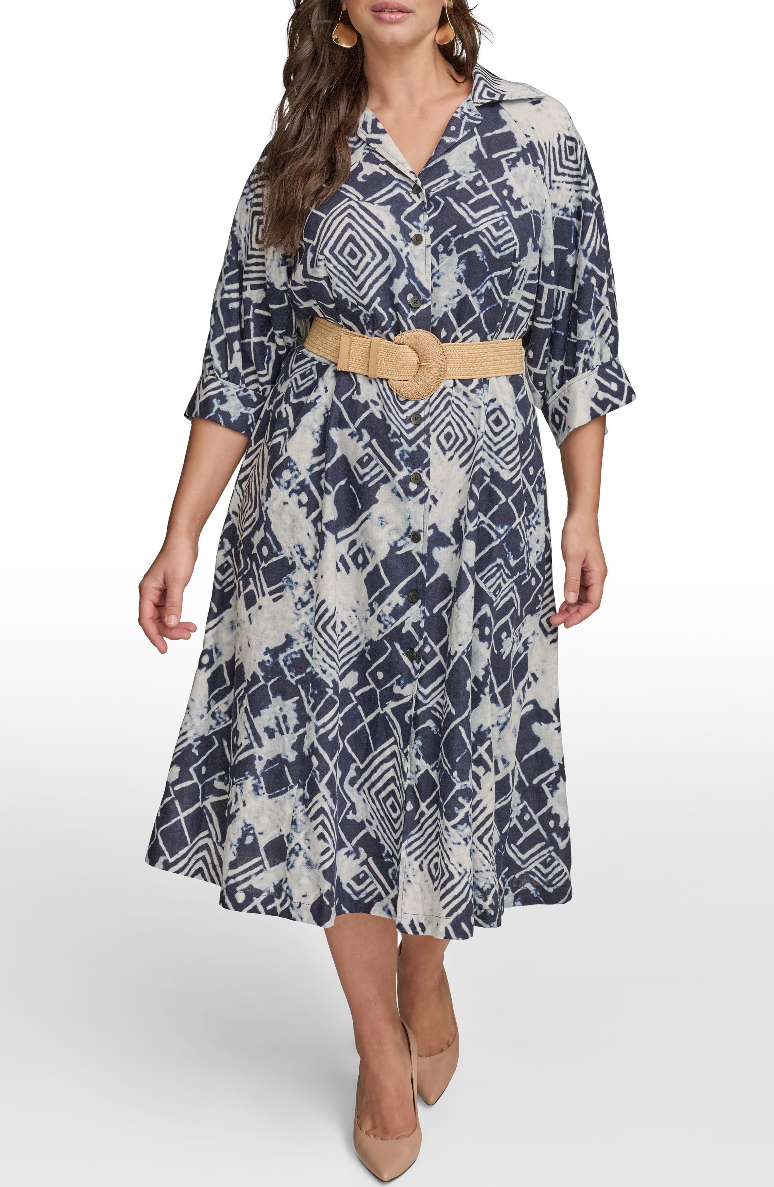 Belted Linen Blend Midi Dress - image 1