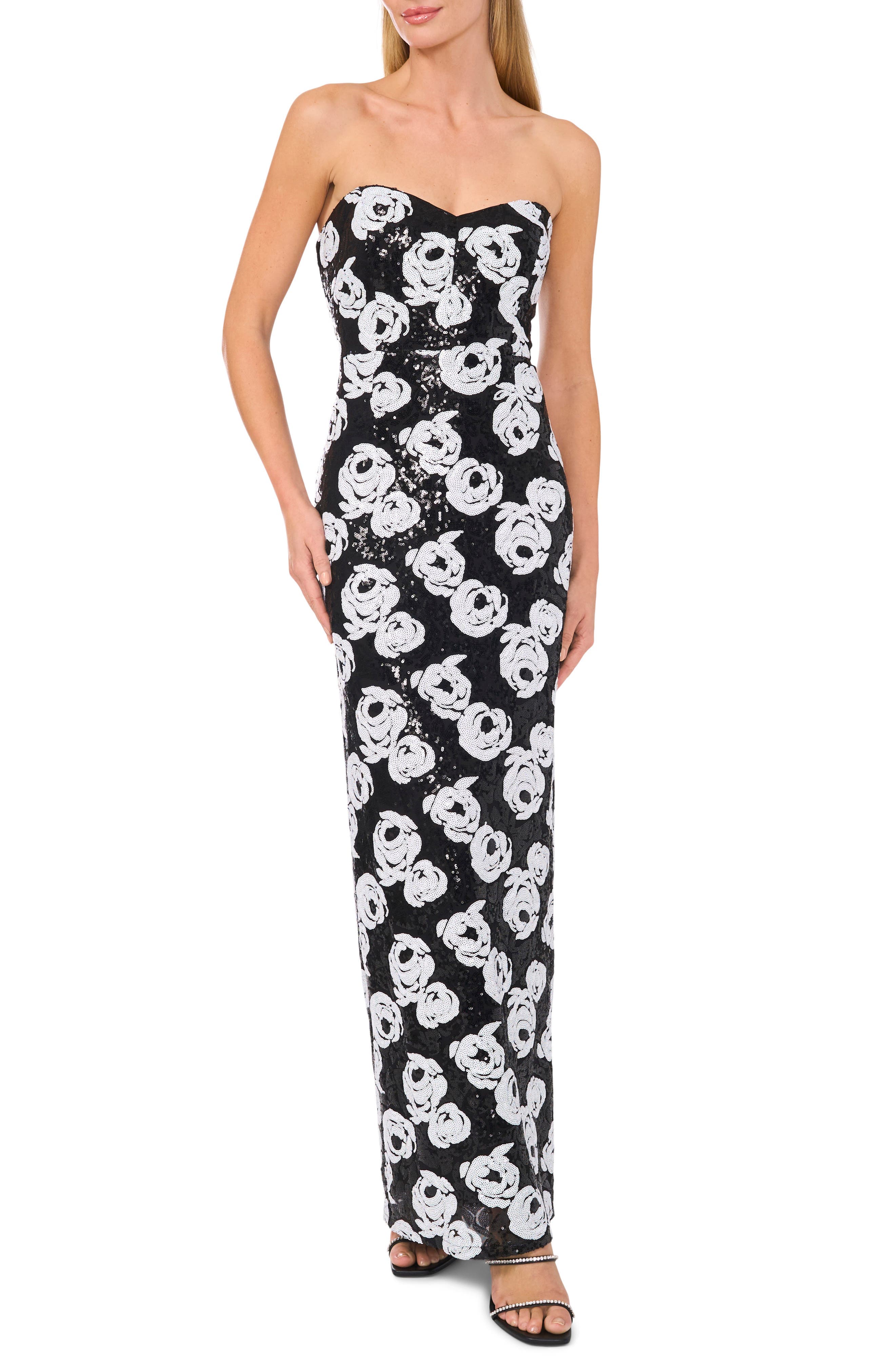 Floral Sequin Strapless Gown - image 1
