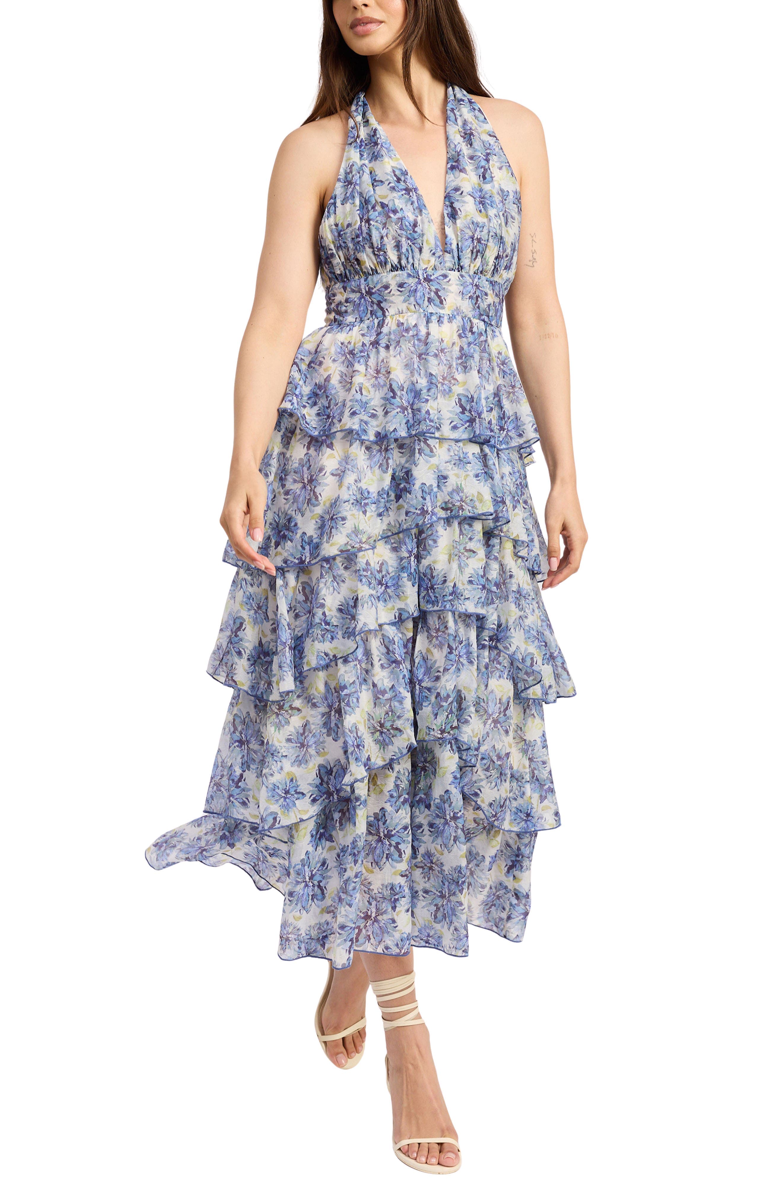 Odessa Floral Print Tiered Halter Maxi Dress - image 1
