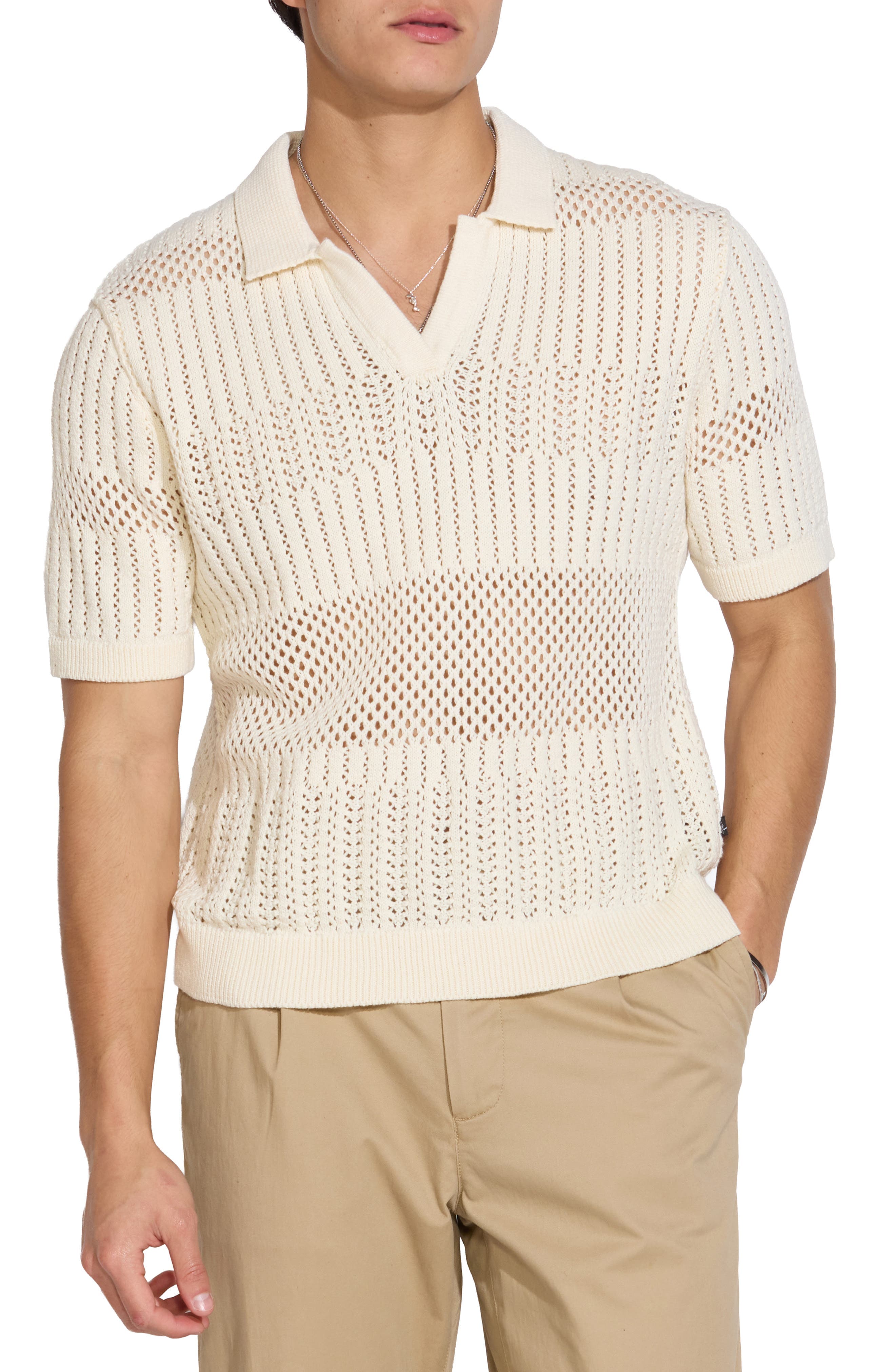 Johnny Collar Open Knit Sweater Polo - image 1