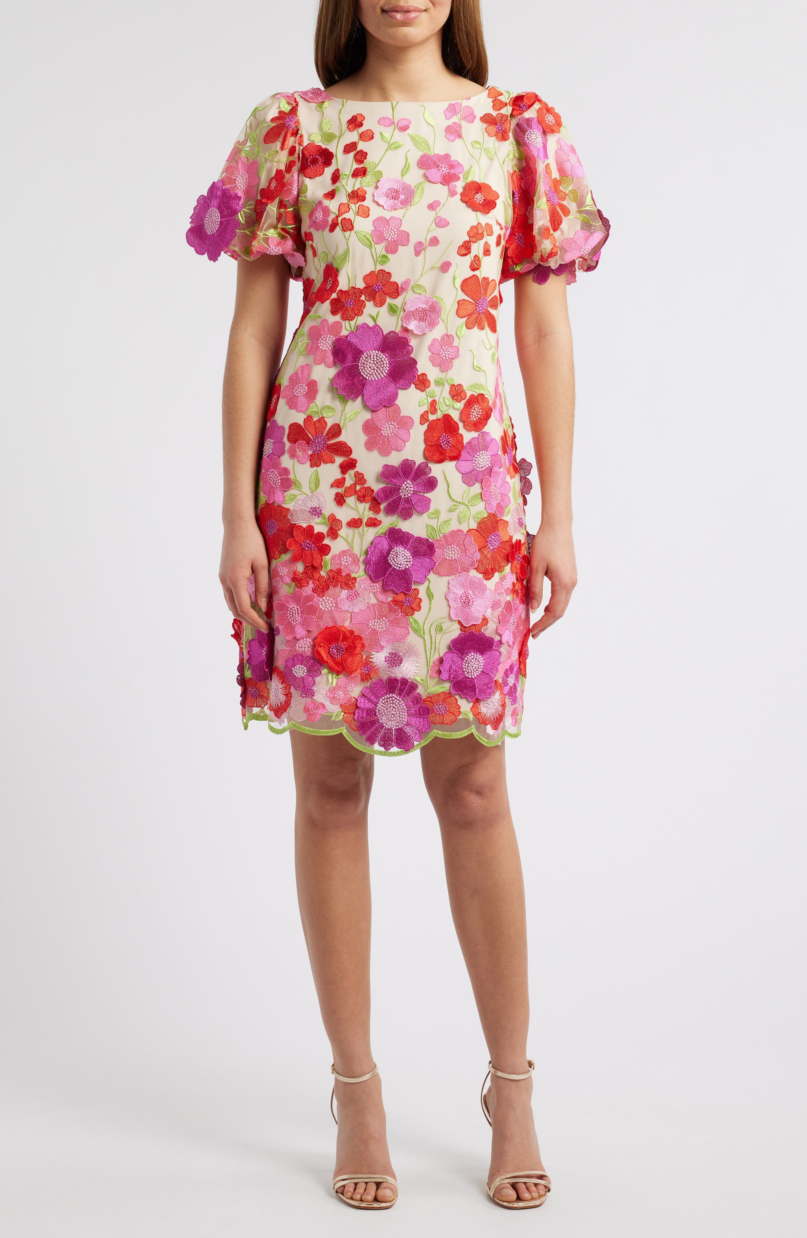 Floral Embroidered Puff Sleeve Cocktail Dress - image 1