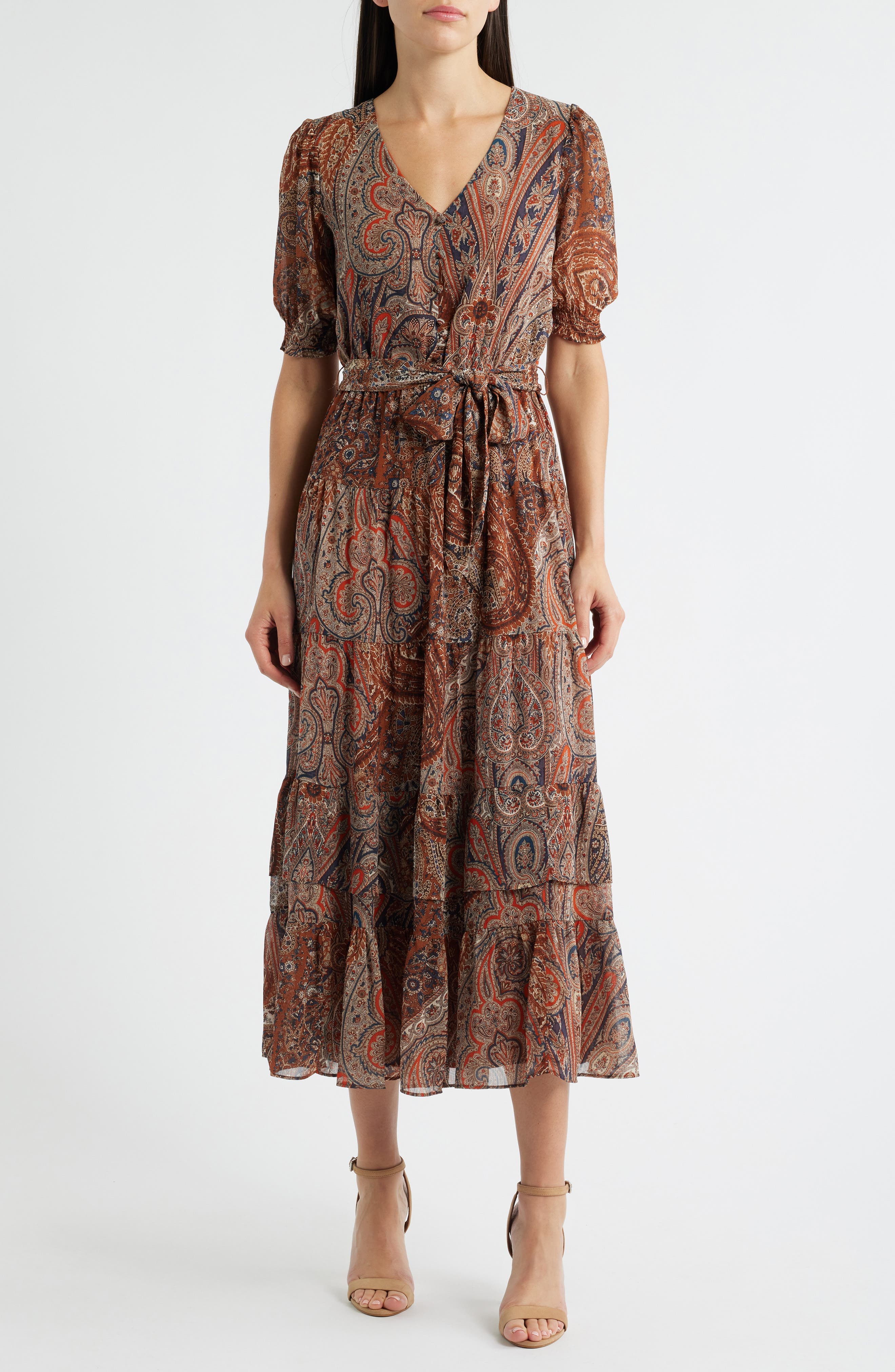 Paisley Belted Crinkle Georgette Midi Dress - image 1