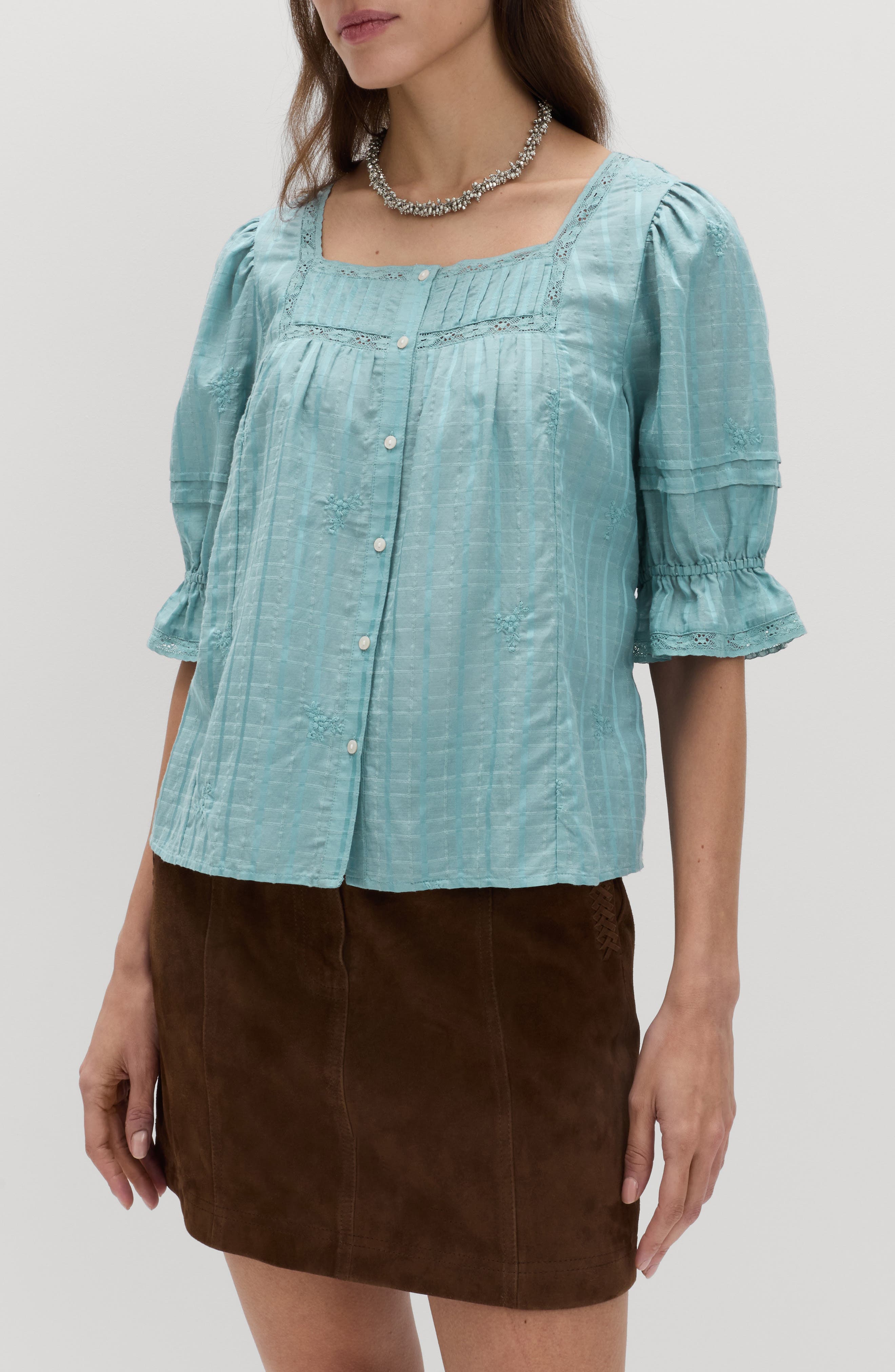Floral Embroidered Lace Trim Button-Up Top - image 3
