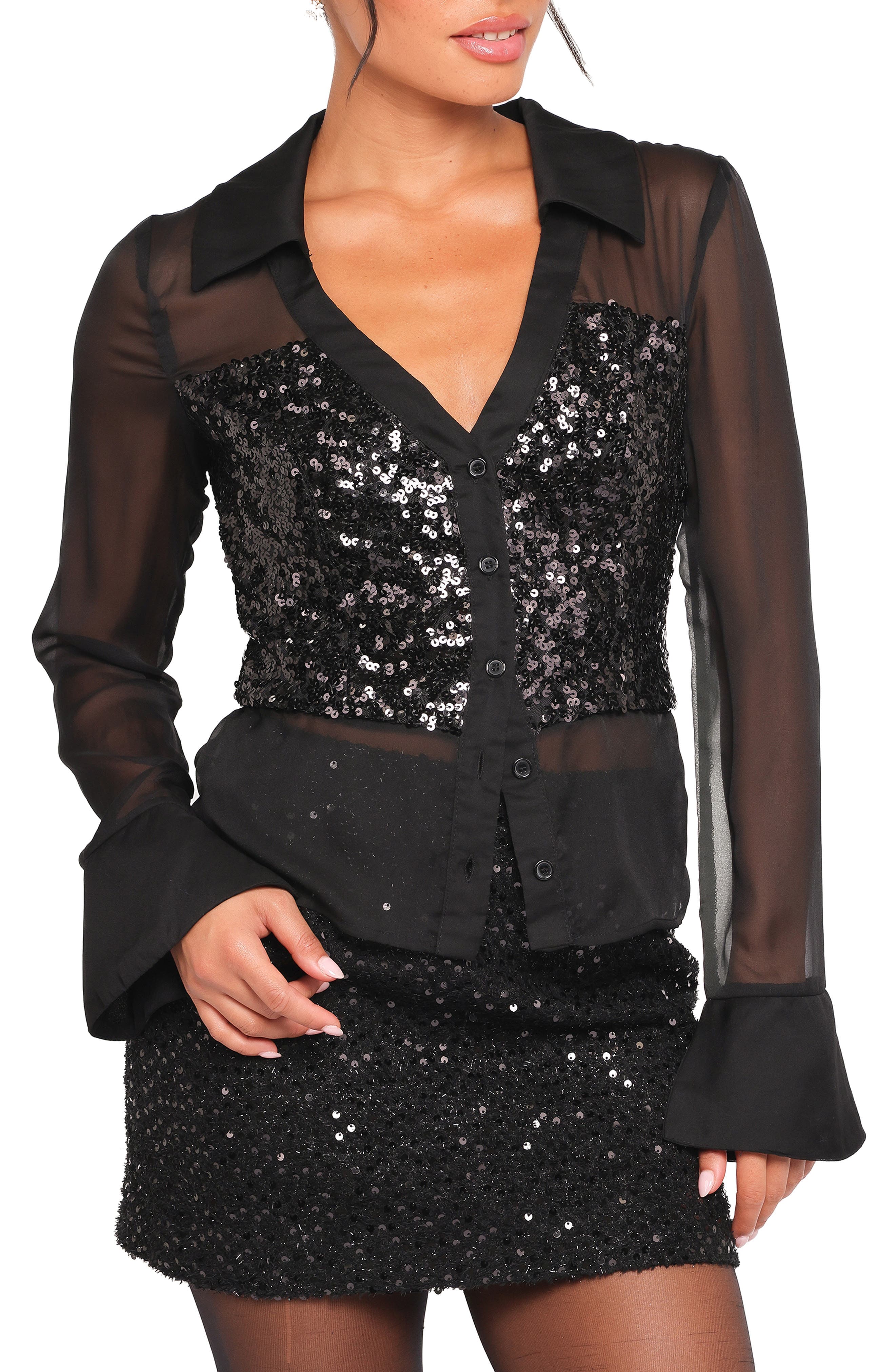 Eliana Sequin Mesh Long Sleeve Button-Up Shirt - image 1