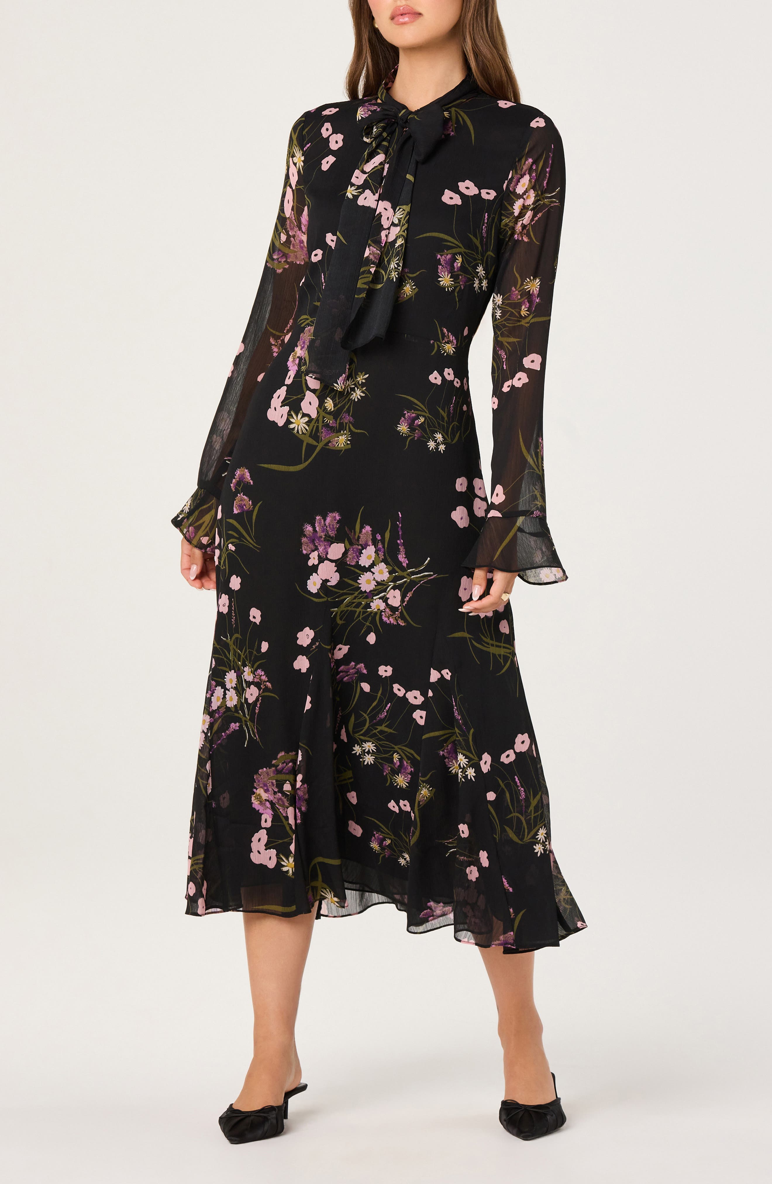 Floral Tie Neck Long Sleeve Dress - image 1