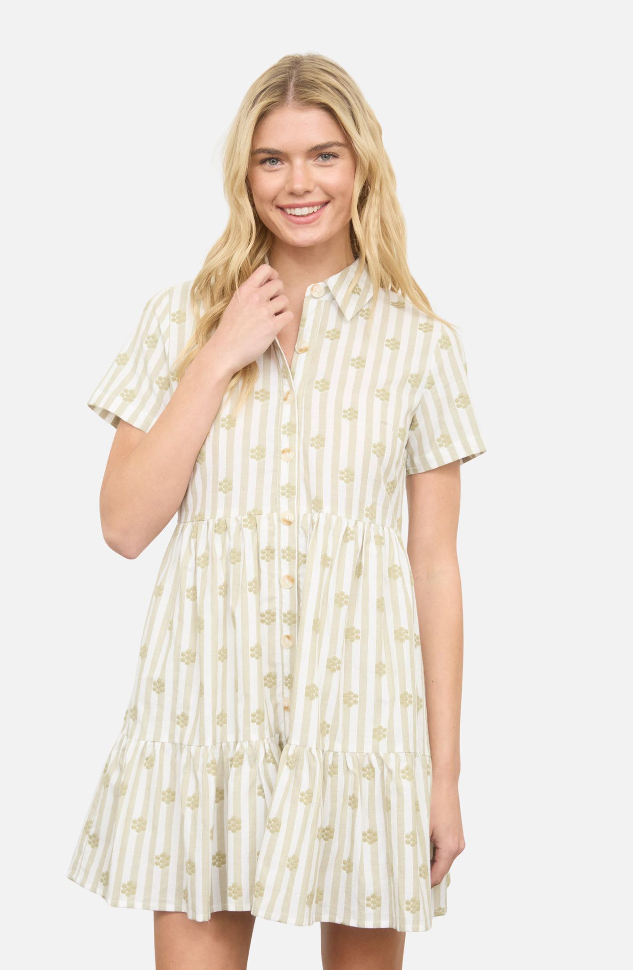 Floral Stripe Short Sleeve Cotton Shirtdress - image 4