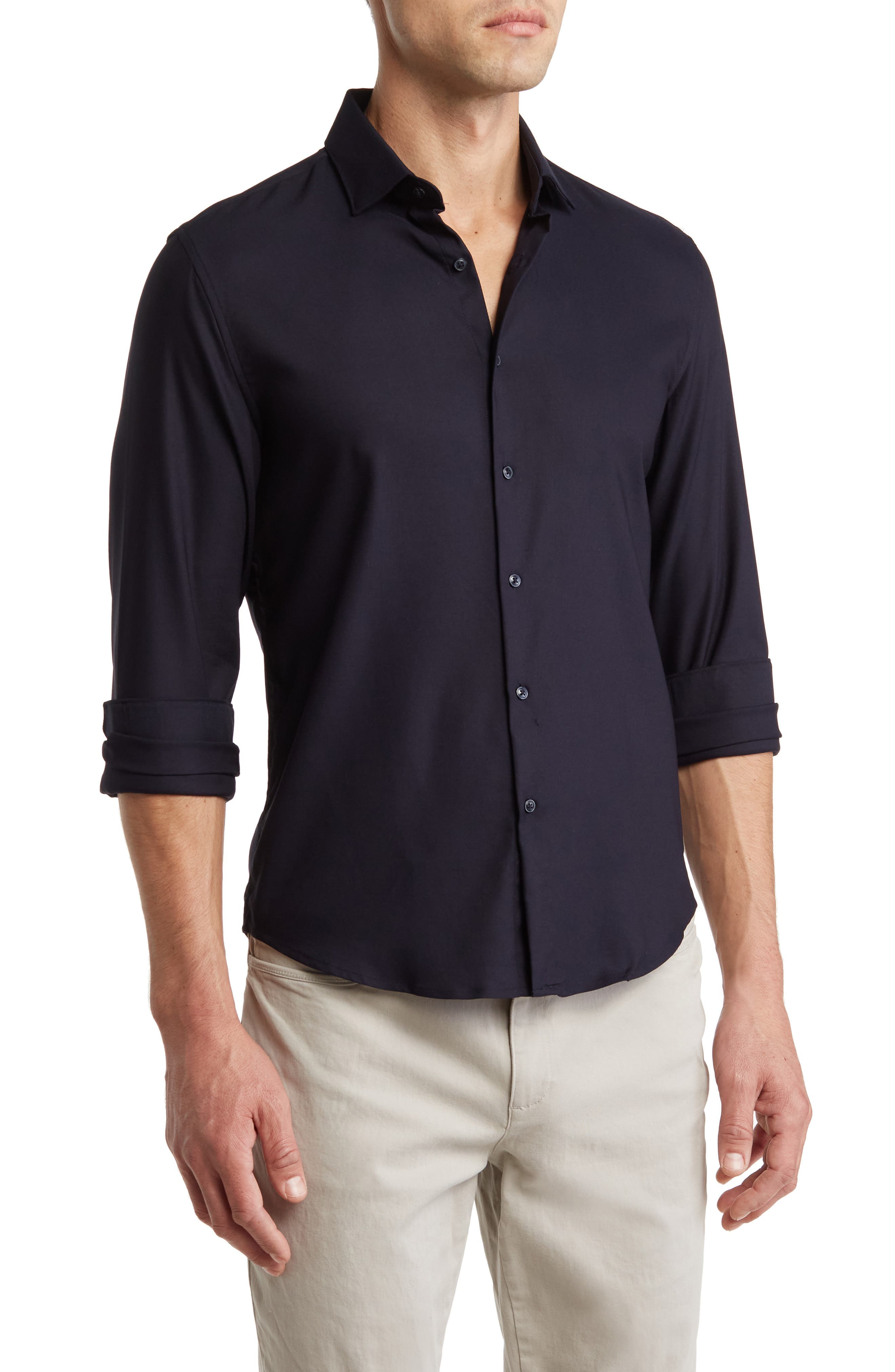 Navy Solid Stretch Button-Up Shirt - image 1