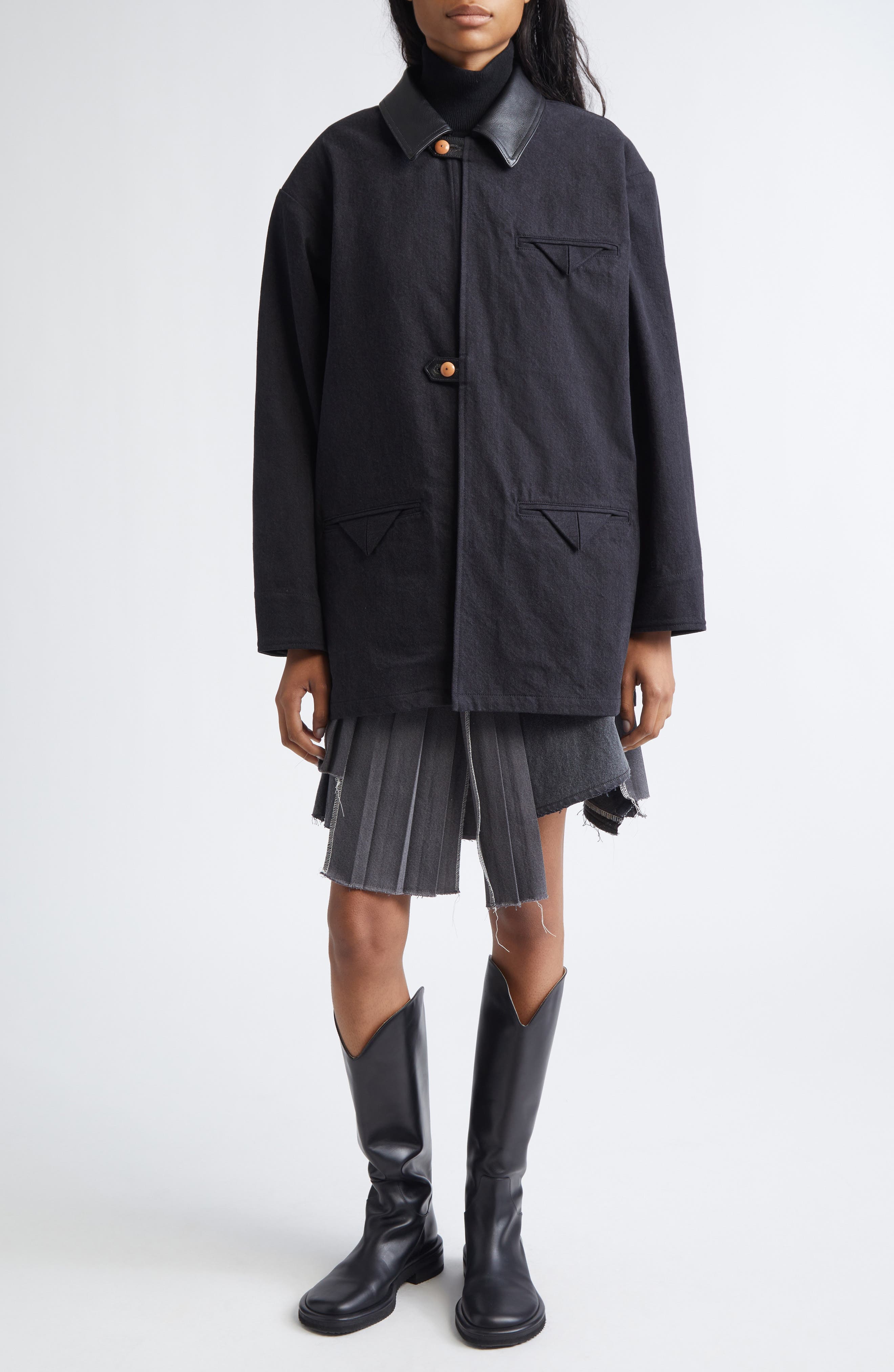 Leather Collar Denim Coat - image 2