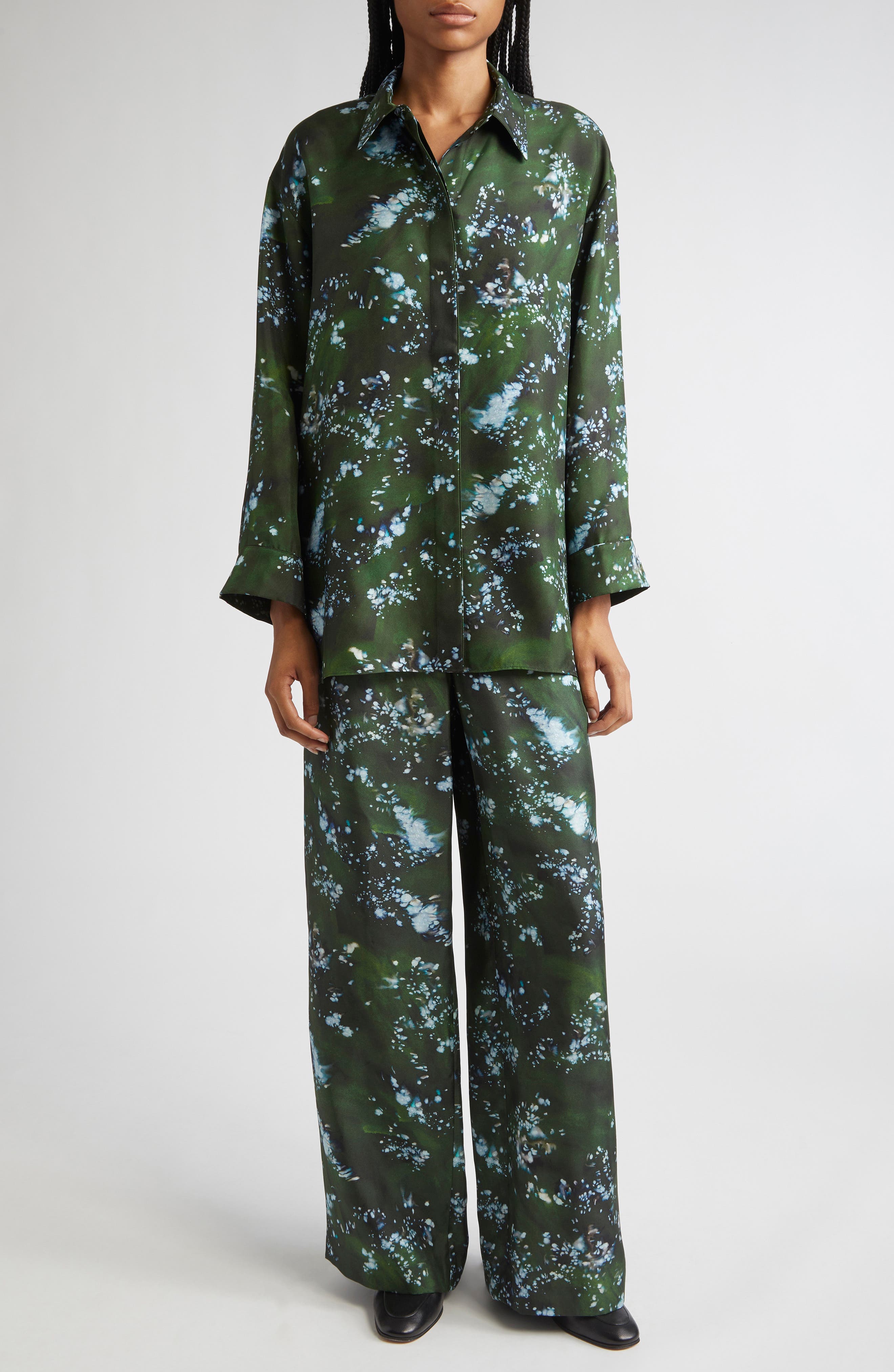 Boyfriend Oversize Splattered Glaze Print Silk Twill Button-Up Shirt - image 2