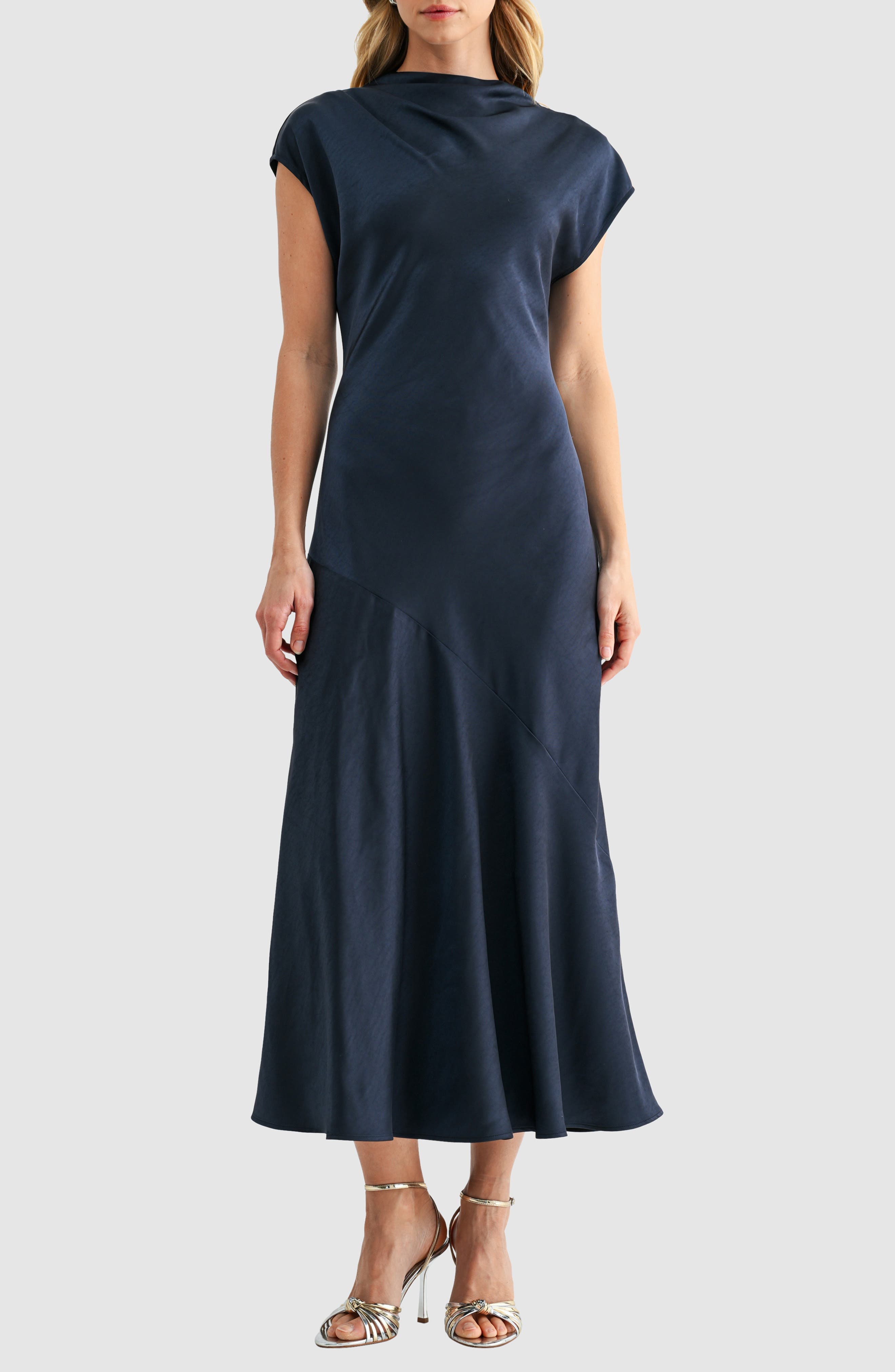 Short Sleeve Asymmetric Hem Satin Maxi Dress - image 1
