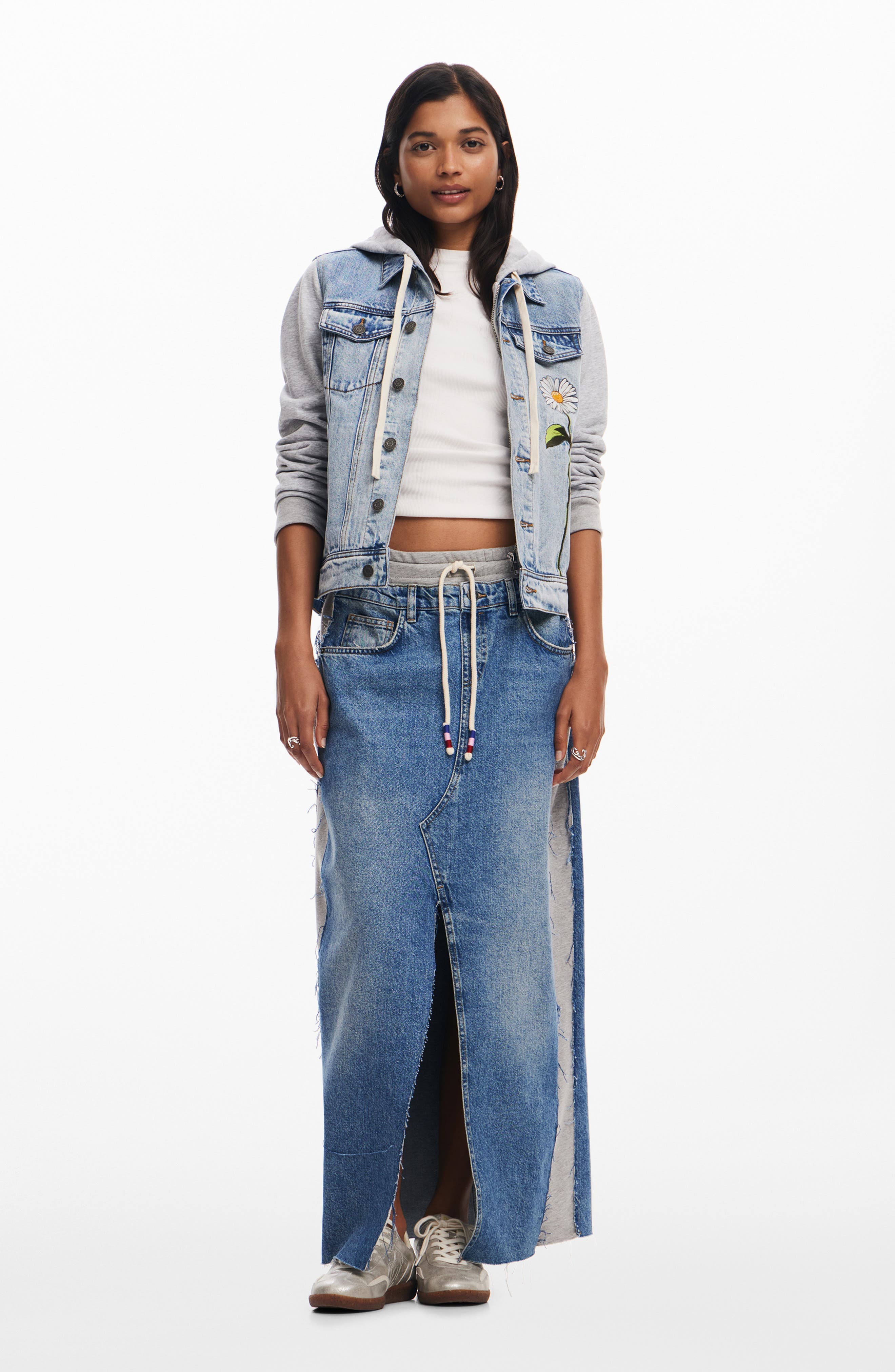 Mixed Media Denim & Cotton Fleece Hoodie - image 2