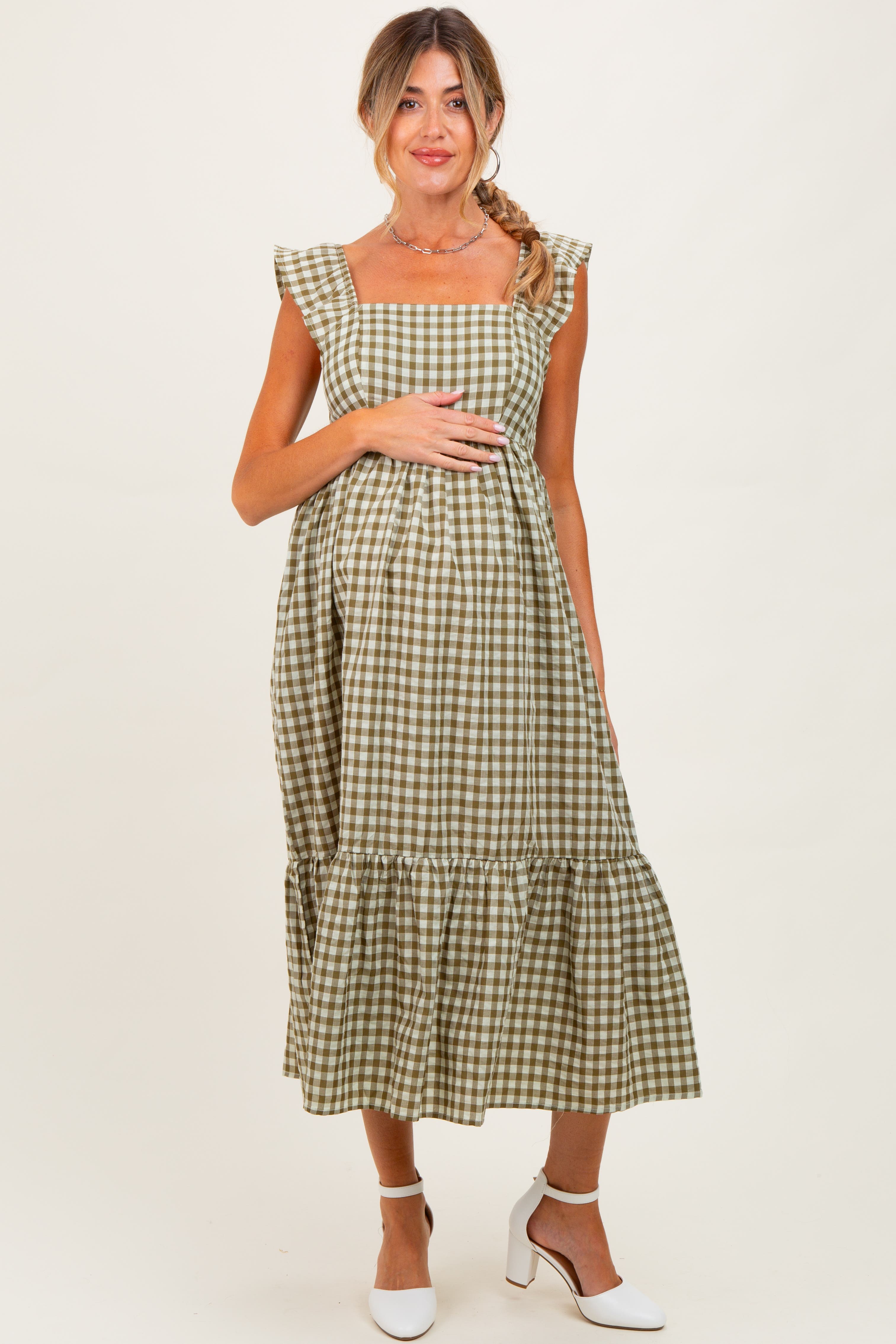 Gingham Ruffle Strap Midi Dress