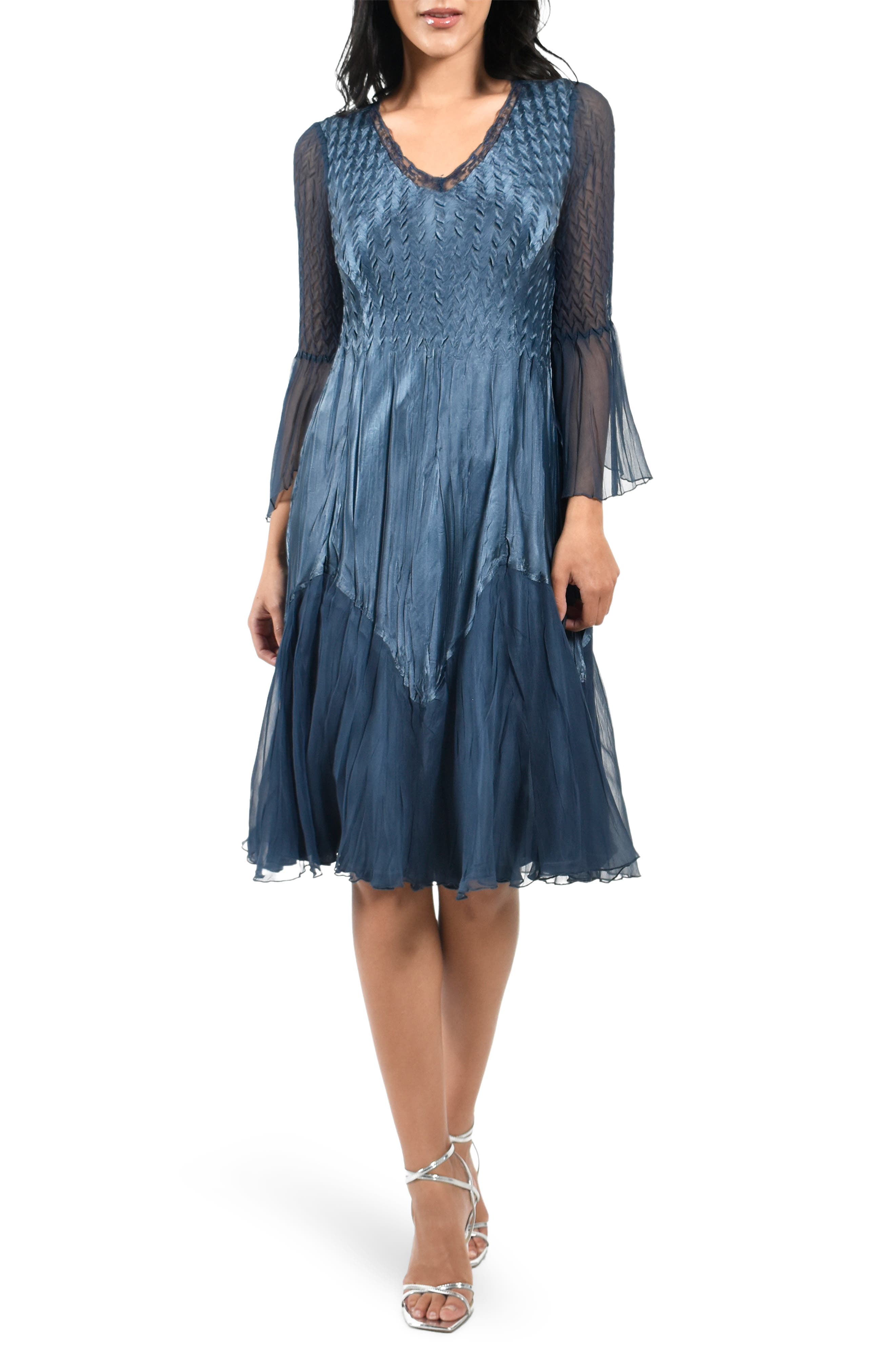 Bell Sleeve Charmeuse & Chiffon A-Line Dress - image 1
