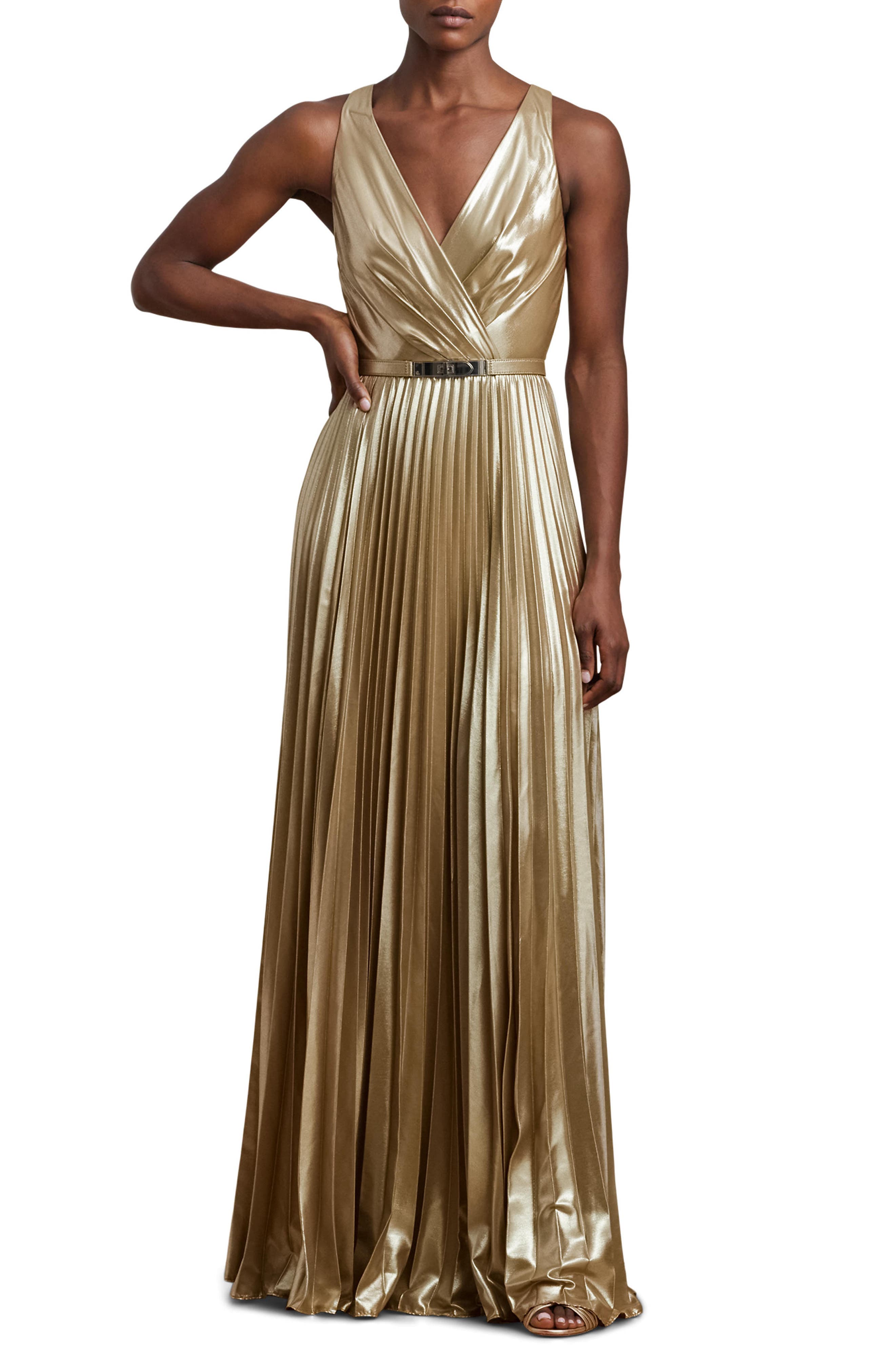 Pleated Metallic Chiffon Gown - image 1