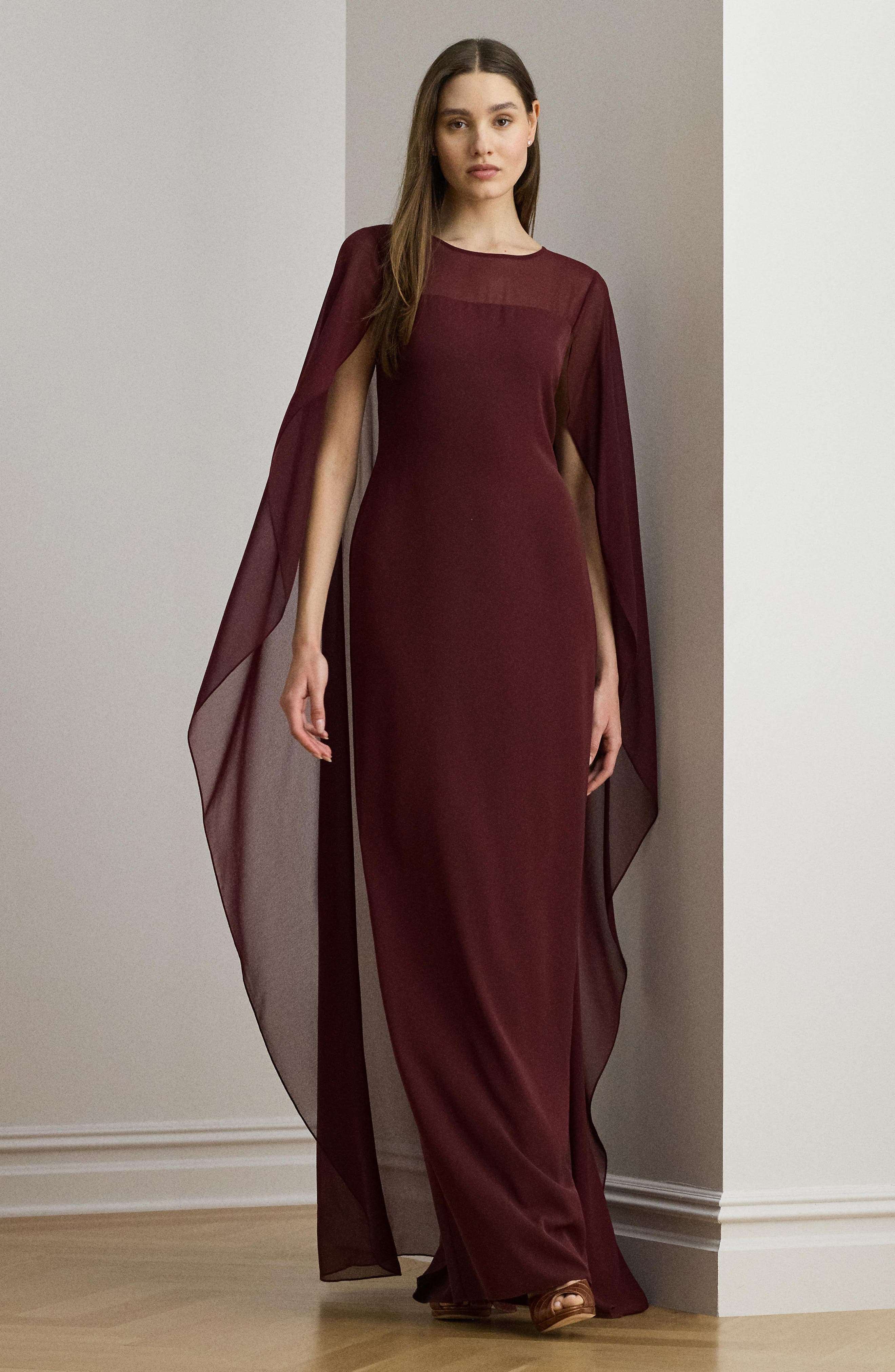 Sheer Cape Georgette Column Gown - image 2
