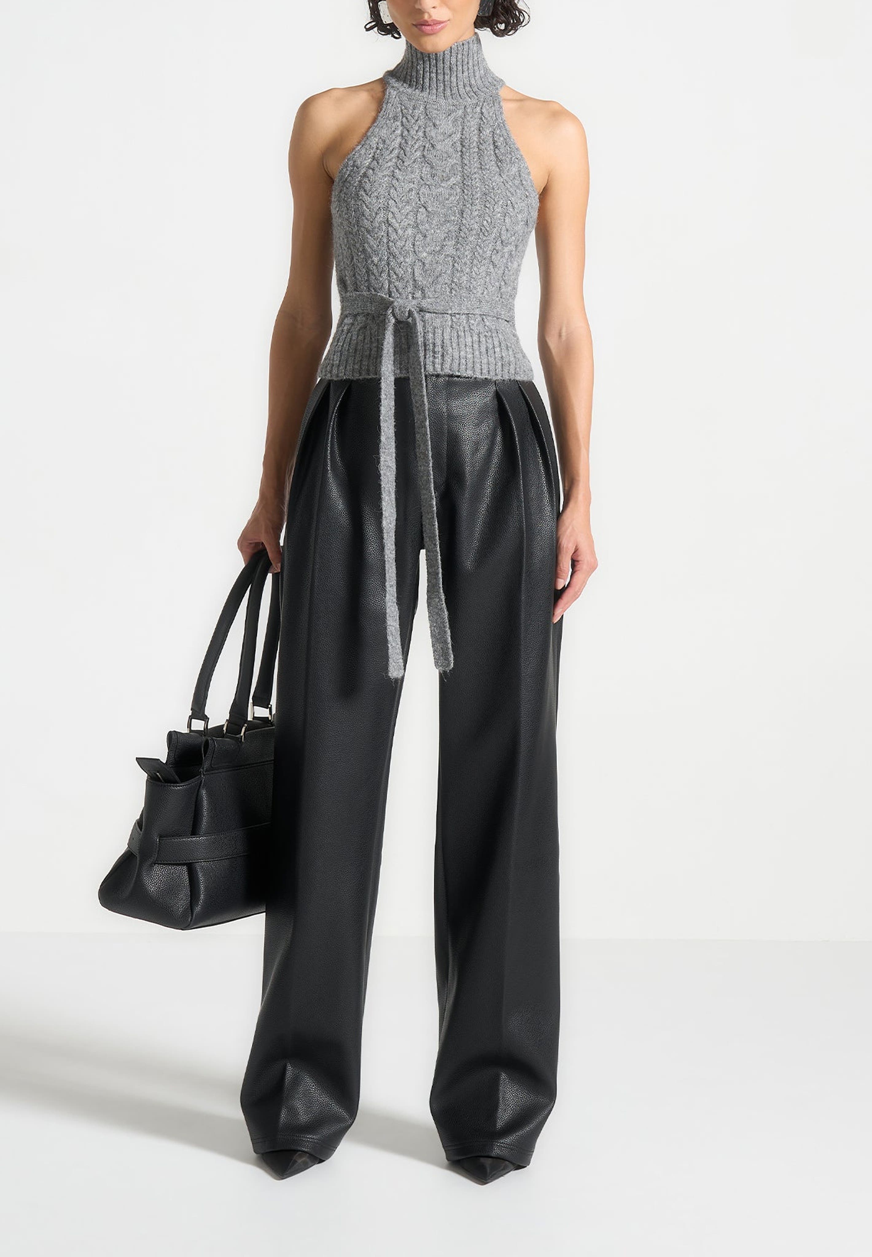 Olivia Pebbled Leather Pleated Stacked Trousers - image 1