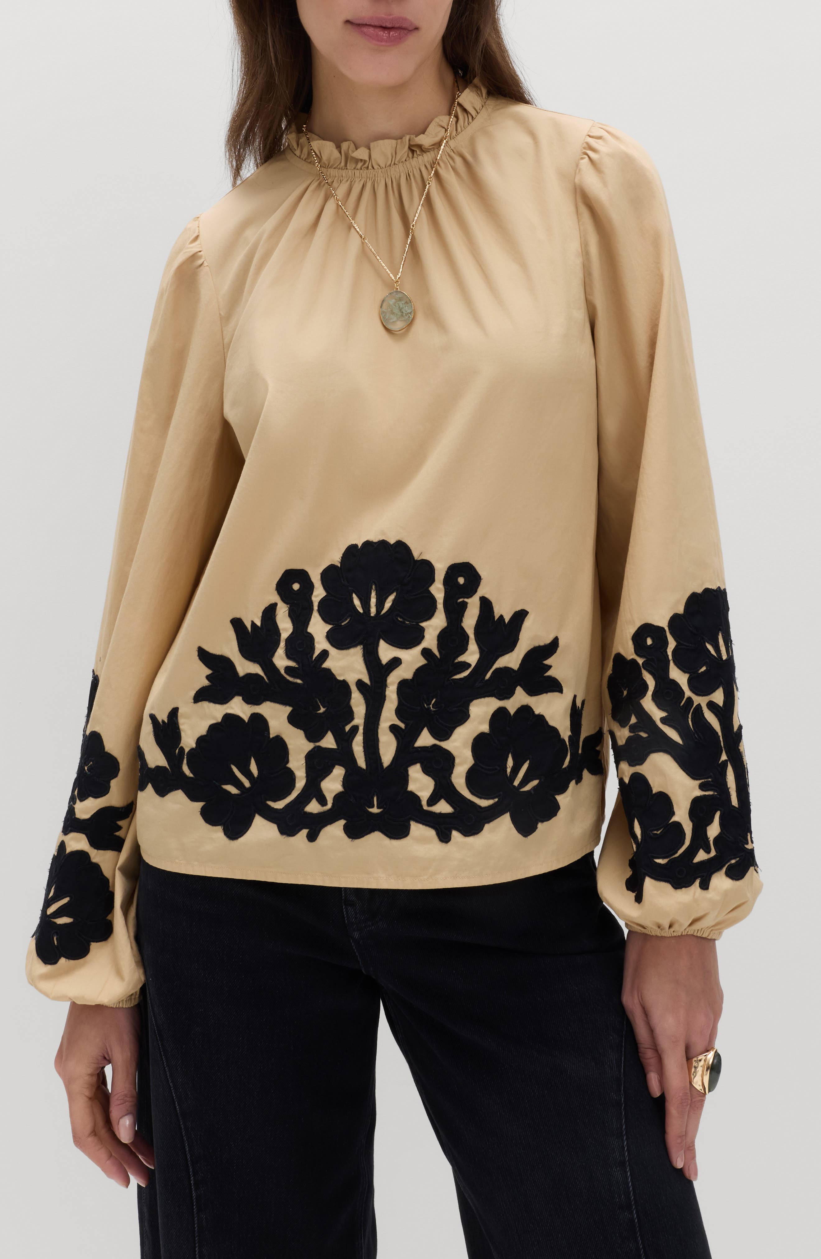 Floral Embroidered Mock Neck Top - image 1