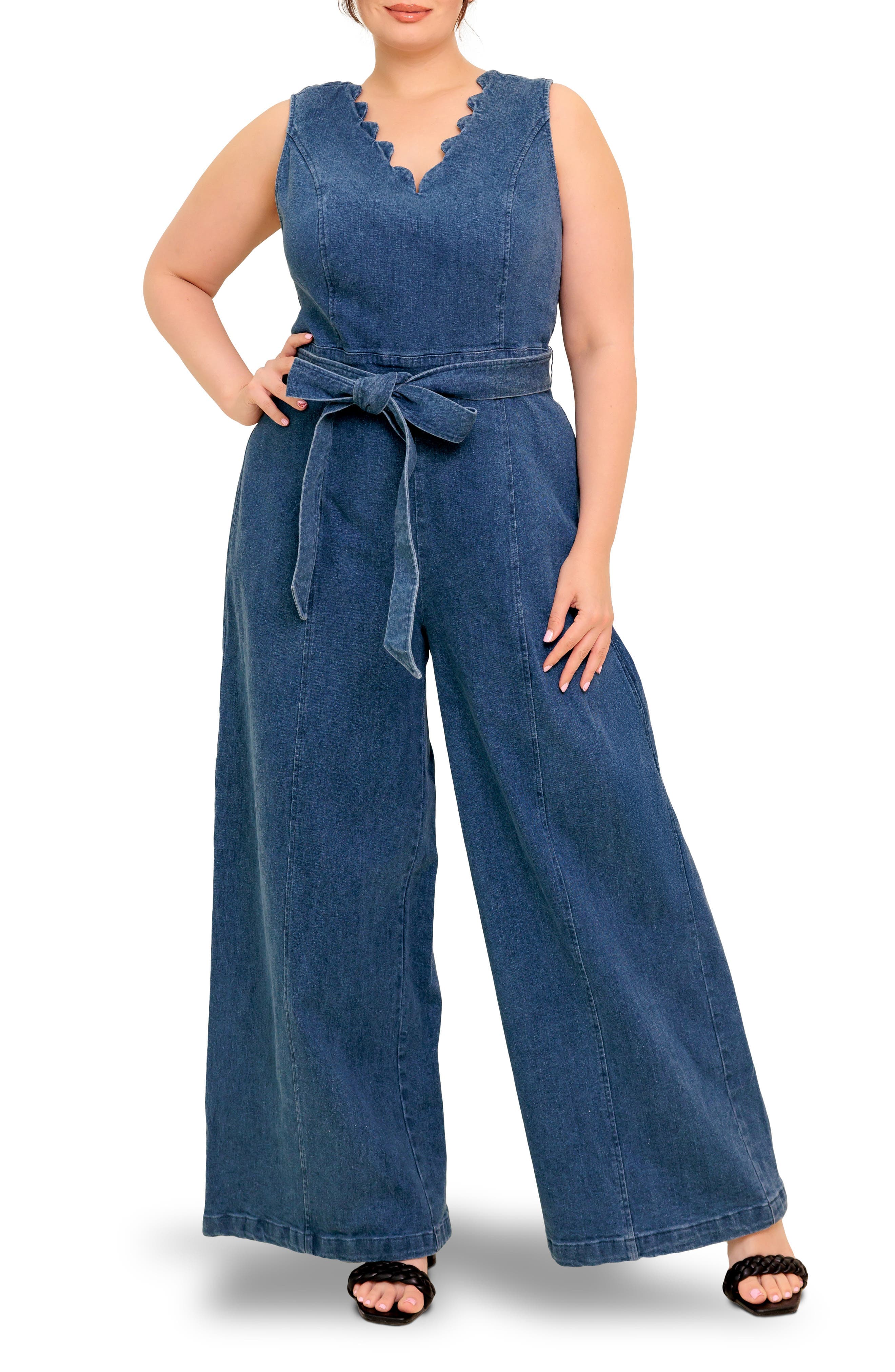 Scallop Neck Denim Jumpsuit - image 1